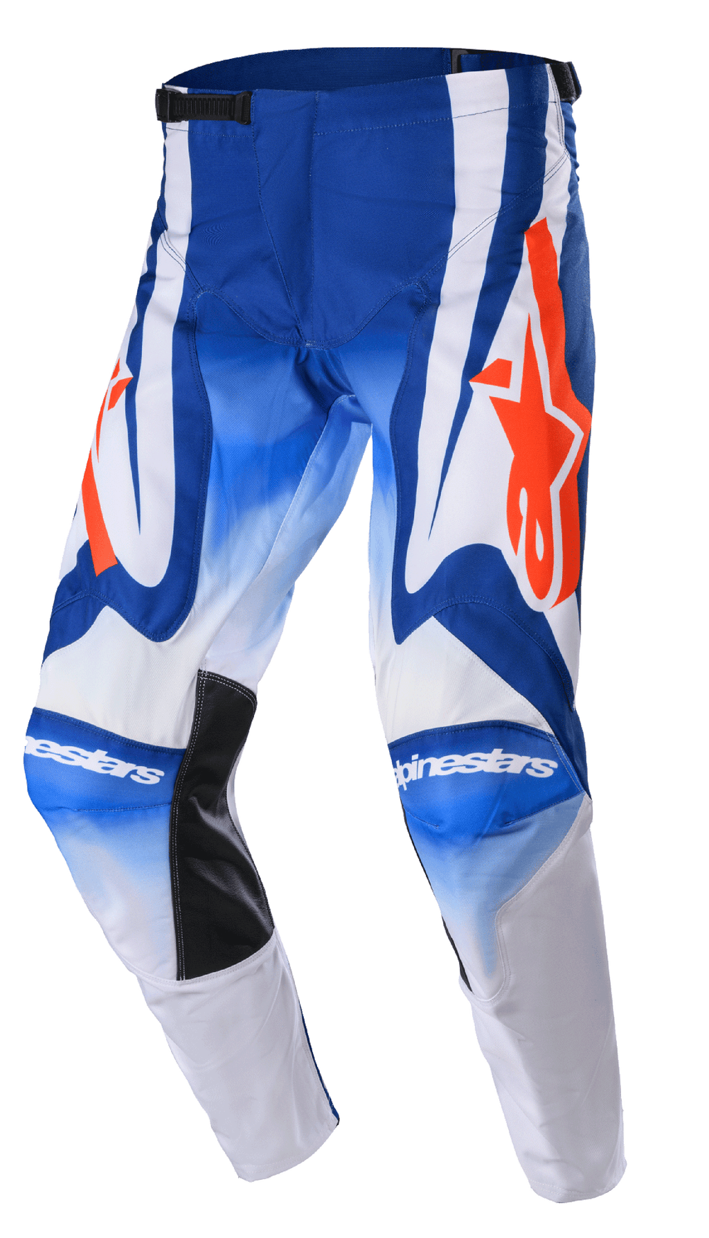 Alpinestars 2023 Racer Semi Pants, calças de motocross, azul, branco e cor-de-laranja vibrante, com grandes logótipos de estrela cor-de-laranja, painéis interiores nos joelhos pretos resistentes ao calor e design ergonómico pré-curvado para desempenho em corridas todo-o-terreno.