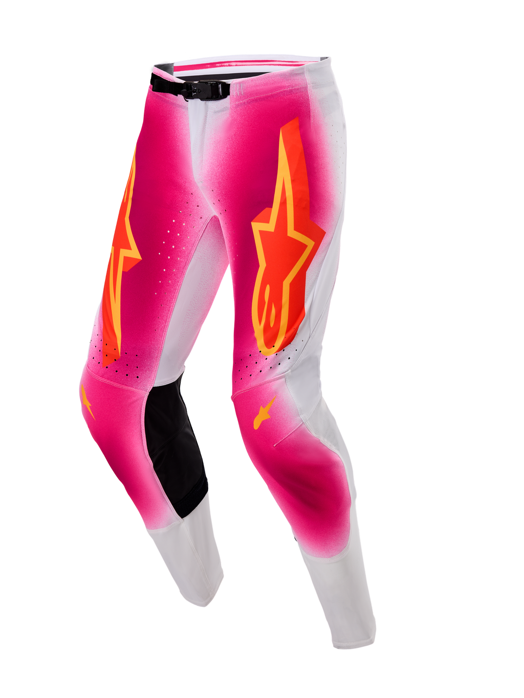 Alpinestars Calças Supertech AFD MIG Edição Limitada, calças de motocross para homem, rosa fluo e brancas com painéis de joelho em couro