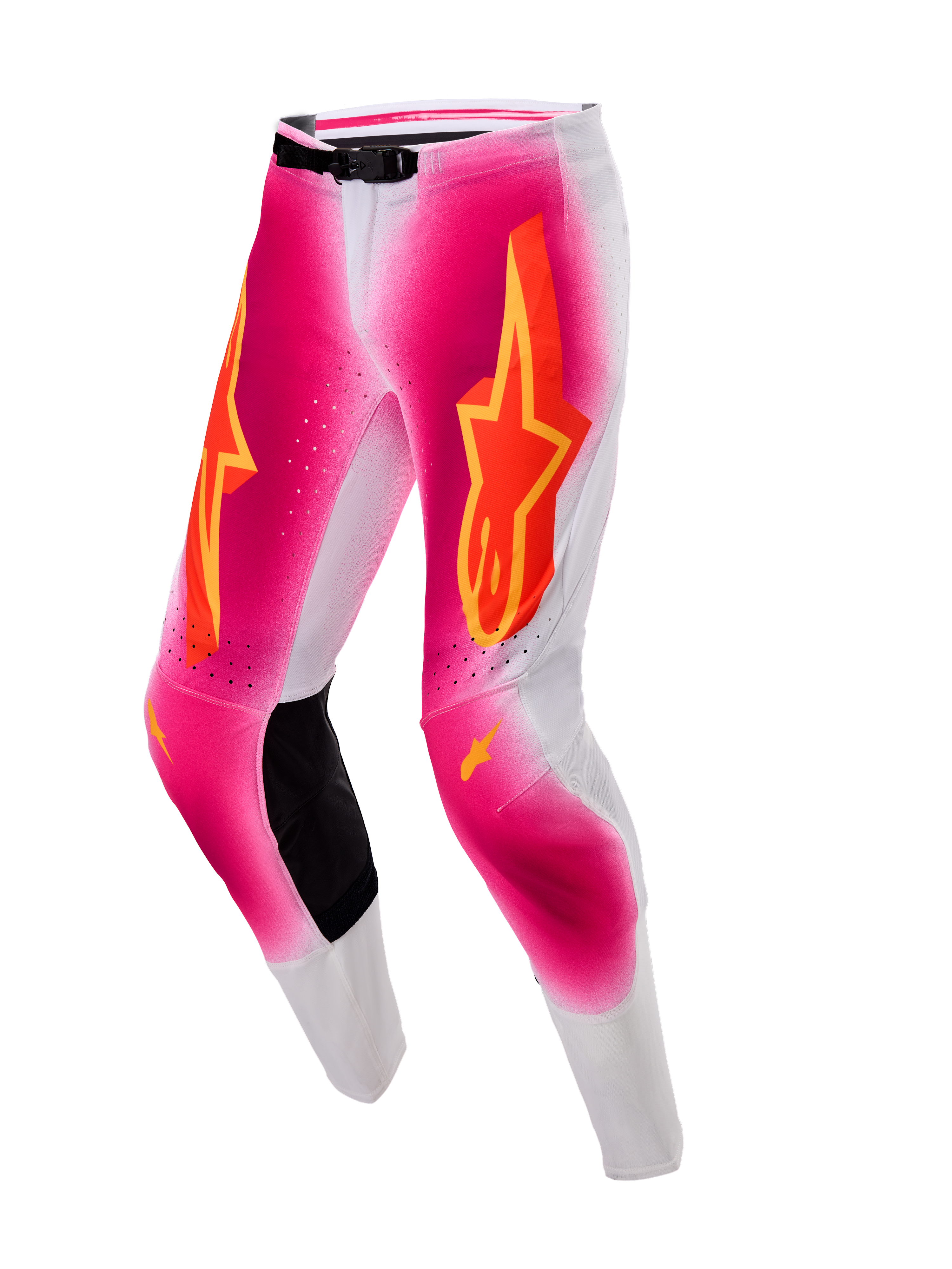 Alpinestars Calças Supertech AFD MIG Edição Limitada, calças de motocross para homem, rosa fluo e brancas com painéis de joelho em couro