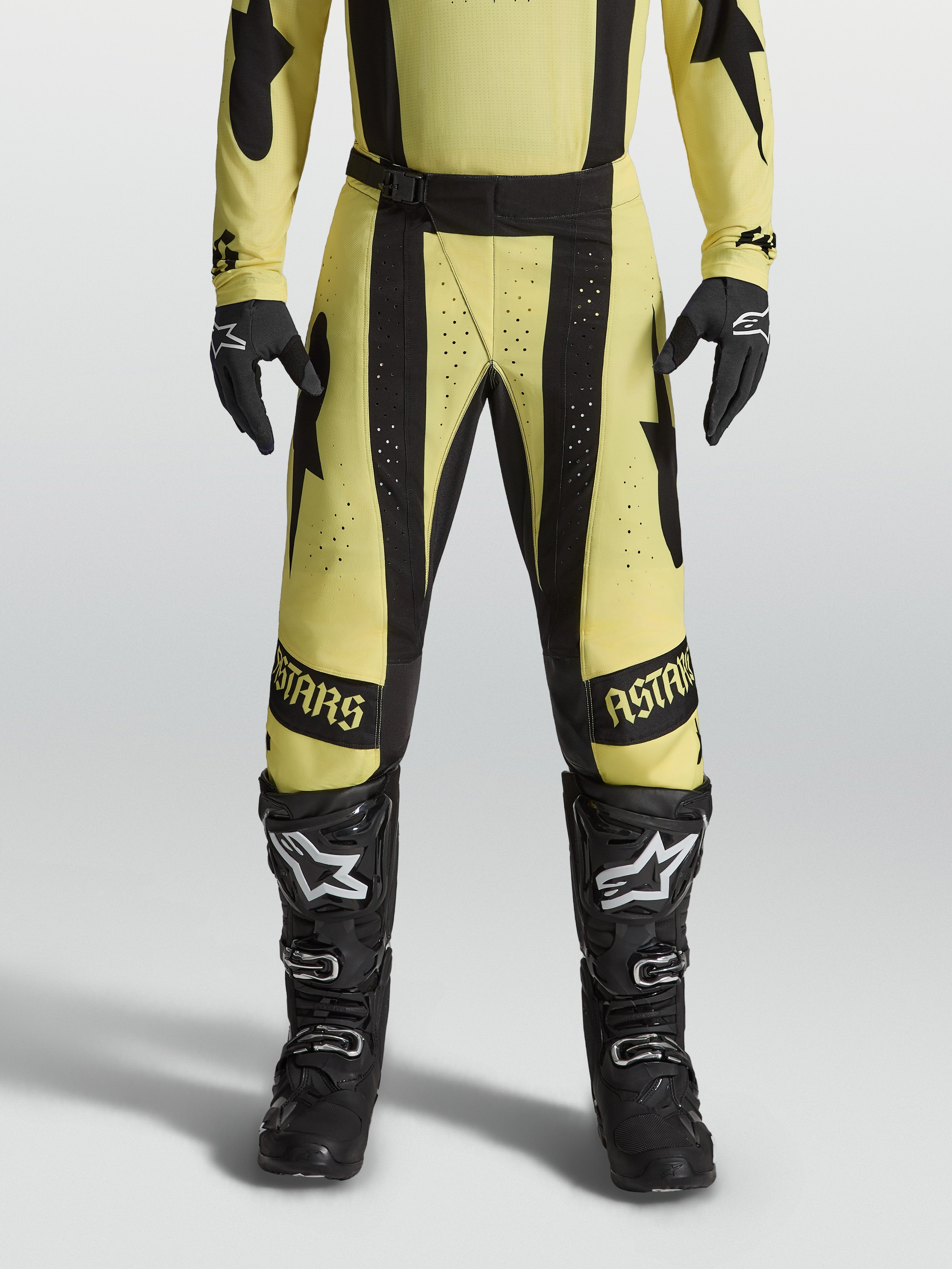 Alpinestars Techstar Atrox Pants, yellow and black motocross racing pants with laser perforations and athletic fit.