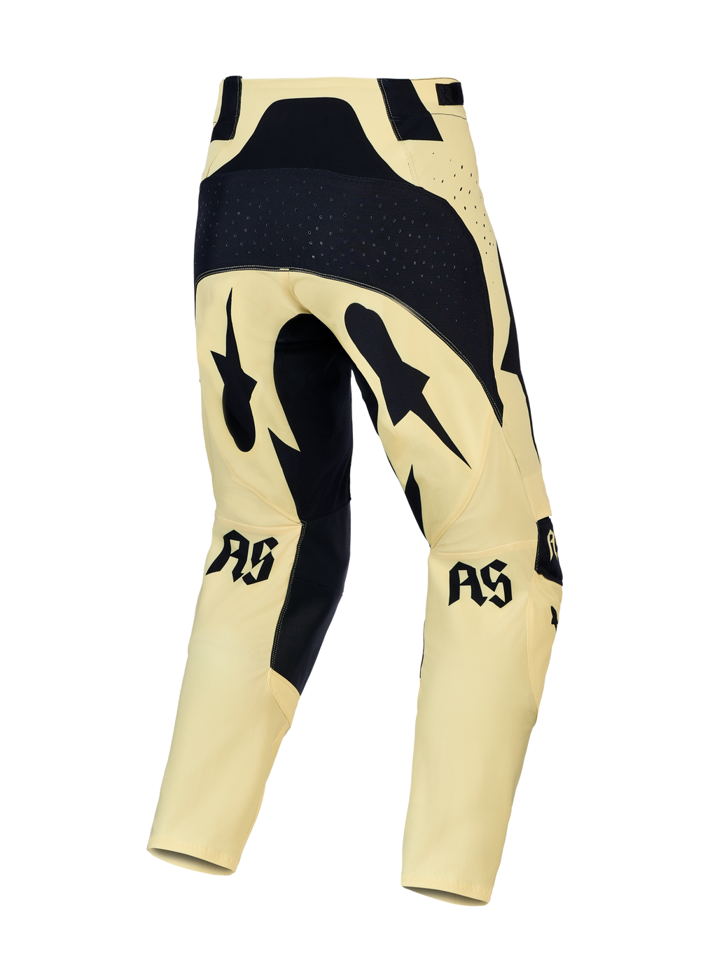 Alpinestars Techstar Atrox, calças de motocross amarelas e pretas, vista traseira com perfurações a laser.