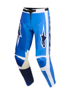Alpinestars 2026 Racer Air Portl Pants, calças de motocross, azul UCLA e branco, com tecido poli perfurado para ventilação, reforços interiores em pele bege nos joelhos, logótipos Astars destacados e design desportivo pré-curvado para performance off-road