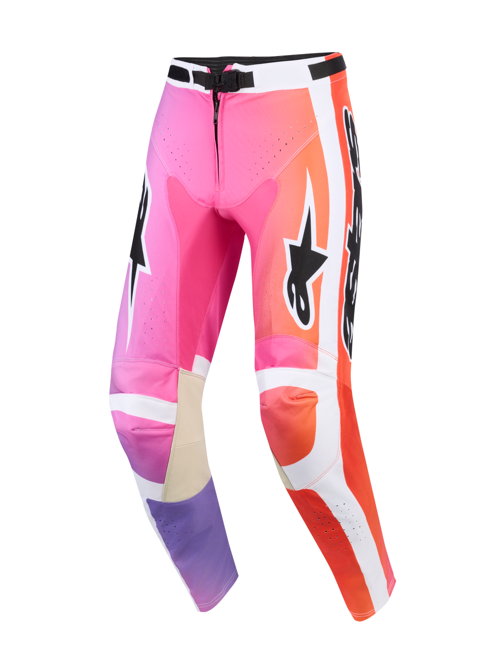Alpinestars 2026 Racer Air Portl Pants, calças de motocross, multicor em cor-de-rosa, laranja e roxo, com painéis laterais brancos, logótipos Alpinestars pretos, zonas perfuradas para ventilação e reforços interiores em pele bege nos joelhos.