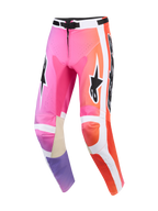 Alpinestars 2026 Racer Air Portl Pants, calças de motocross, multicor em cor-de-rosa, laranja e roxo, com painéis laterais brancos, logótipos Alpinestars pretos, zonas perfuradas para ventilação e reforços interiores em pele bege nos joelhos.