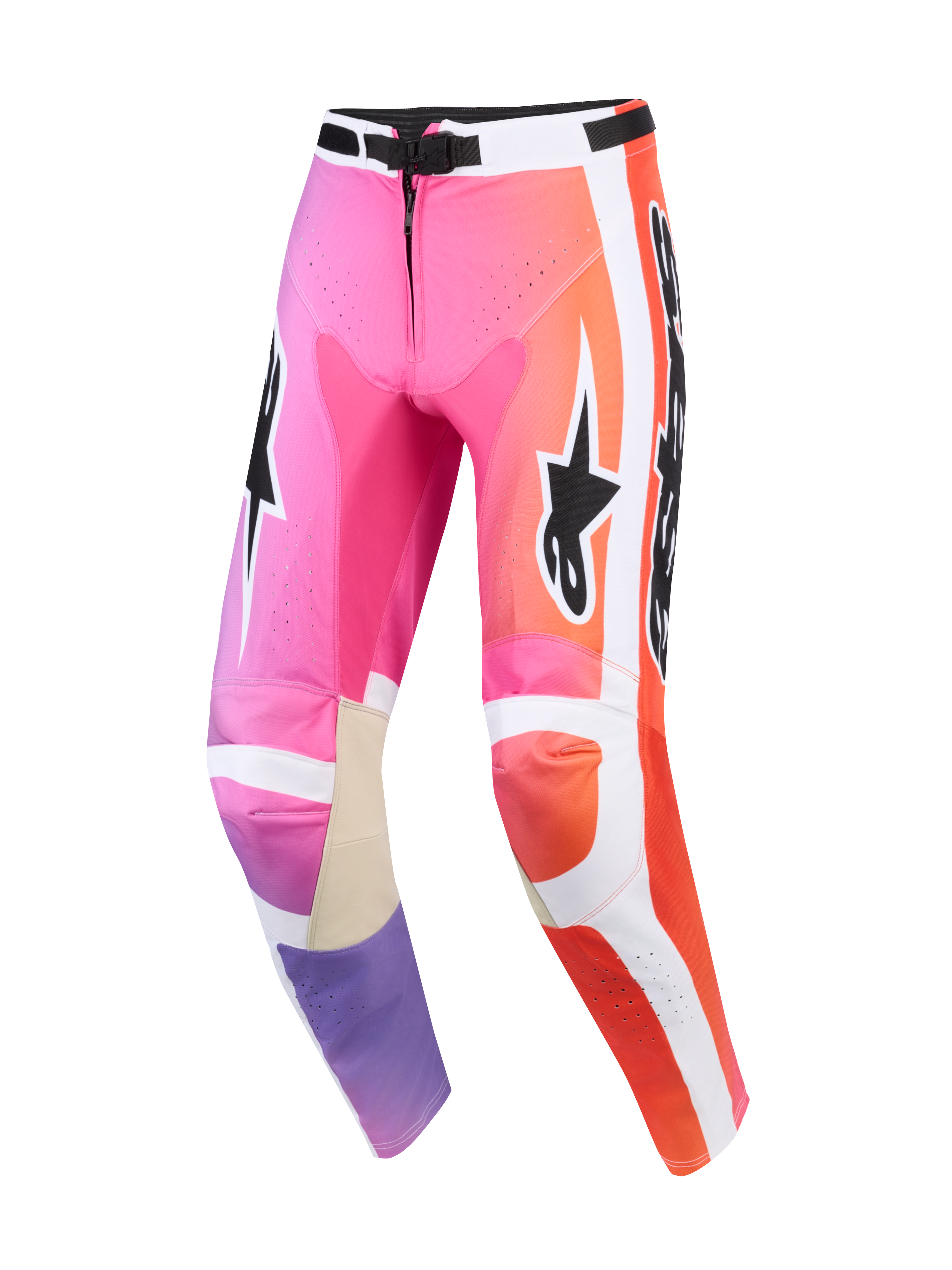 Alpinestars 2026 Racer Air Portl Pants, calças de motocross, multicor em cor-de-rosa, laranja e roxo, com painéis laterais brancos, logótipos Alpinestars pretos, zonas perfuradas para ventilação e reforços interiores em pele bege nos joelhos.