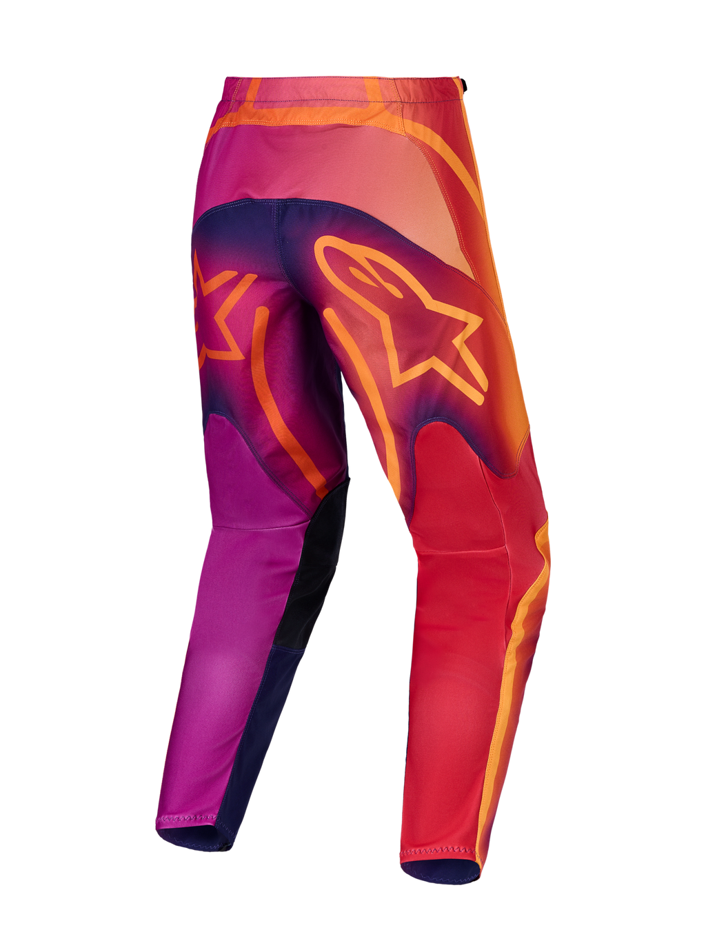Alpinestars Fluid Kepler, calças de motocross para homem, vista traseira, roxas e laranja, em polifabric 600D durável.