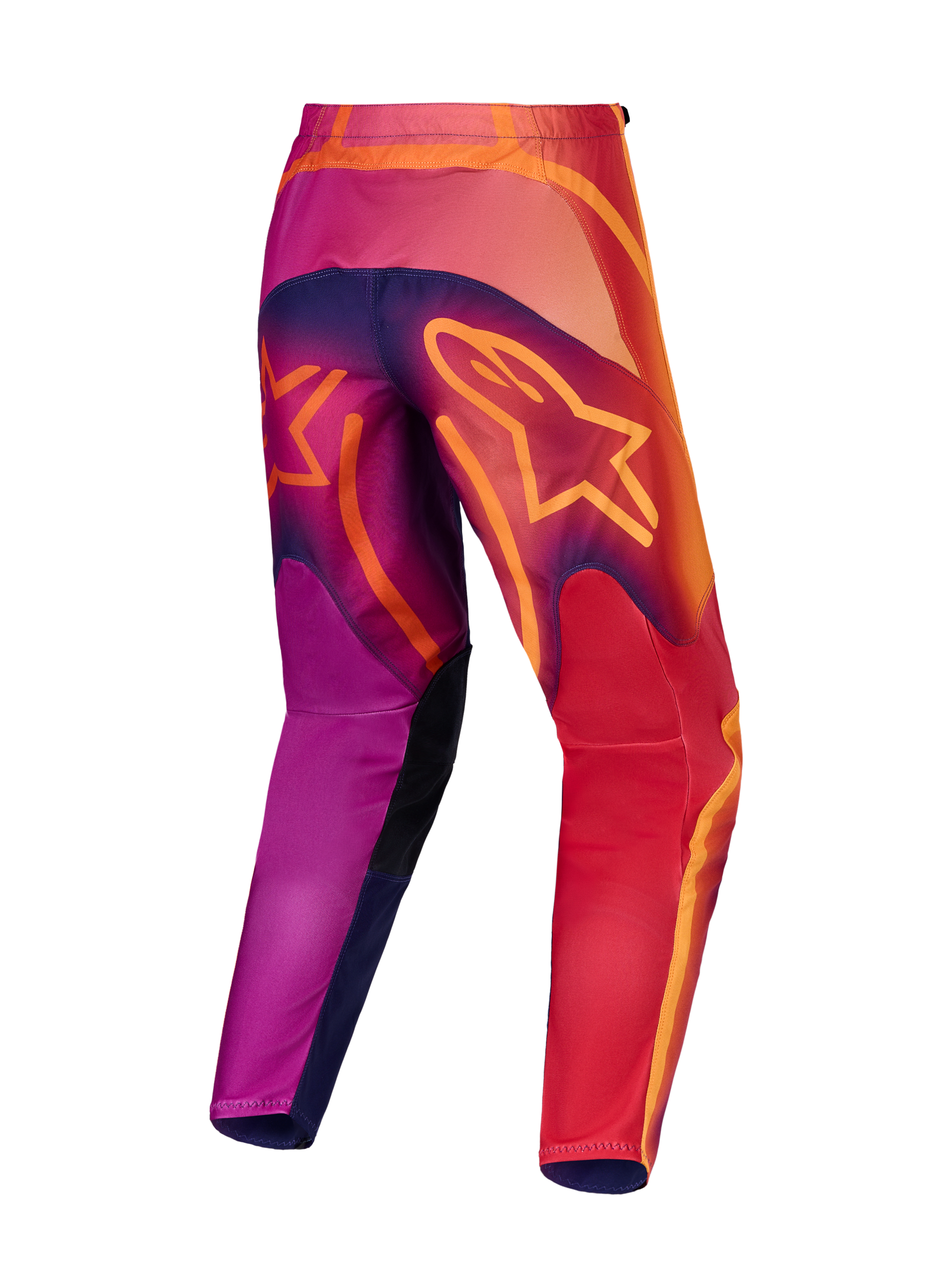 Alpinestars Fluid Kepler, calças de motocross para homem, vista traseira, roxas e laranja, em polifabric 600D durável.