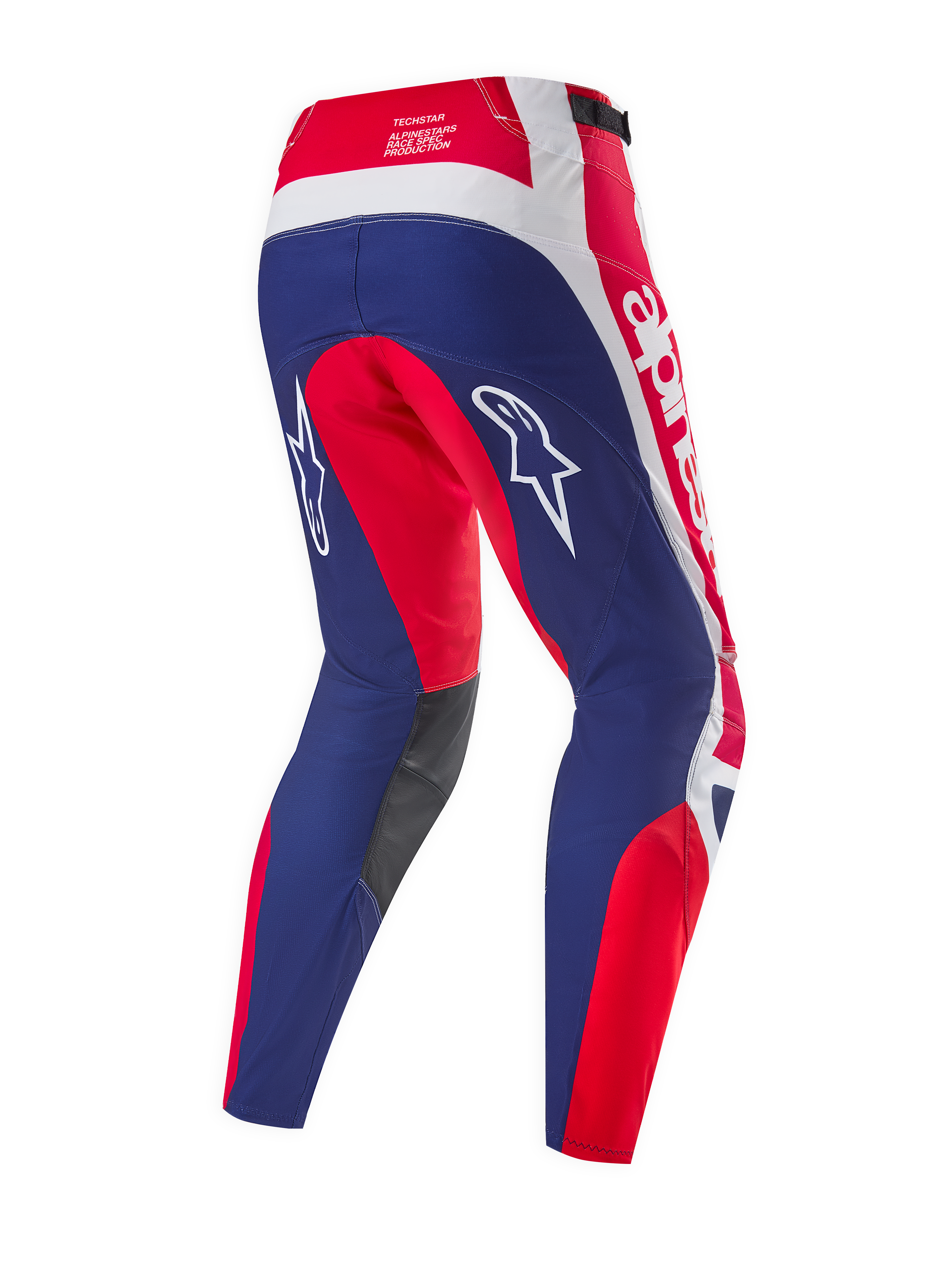Alpinestars Limited Edition Techstar Fortitude Pants, Motocross Pants, Bright Red White Blue, rear view showing blue seat and leg panels with red and white accents, white star logos on the thighs, and Techstar race spec branding on the waistband.
