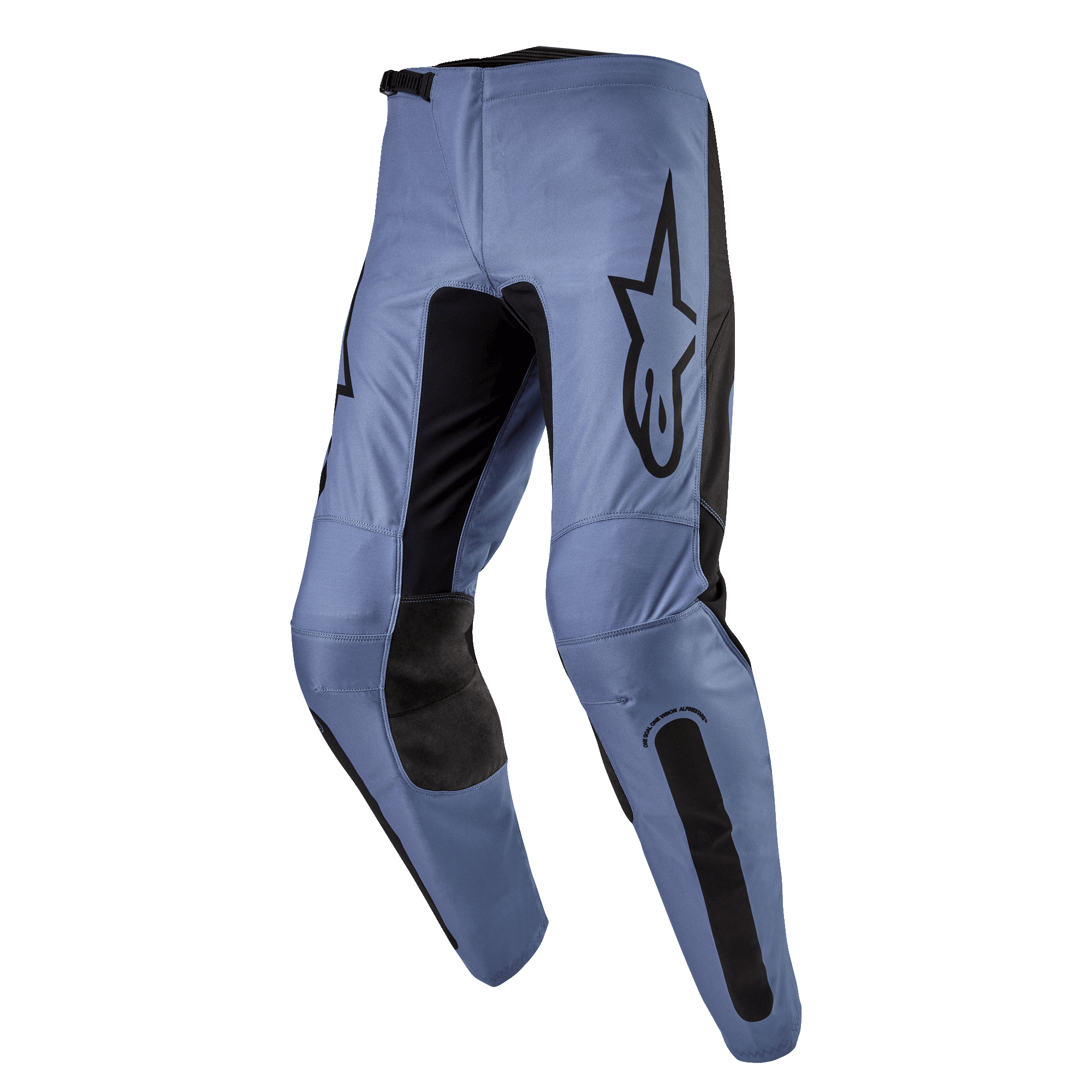 Alpinestars 2024 Fluid Lurv Pants, Motocross Pants, Light Blue and Black, featuring a large black Alpinestars logo on the thigh, black reinforced inner knee panels, and ergonomic pre-curved leg design for off-road riding.
