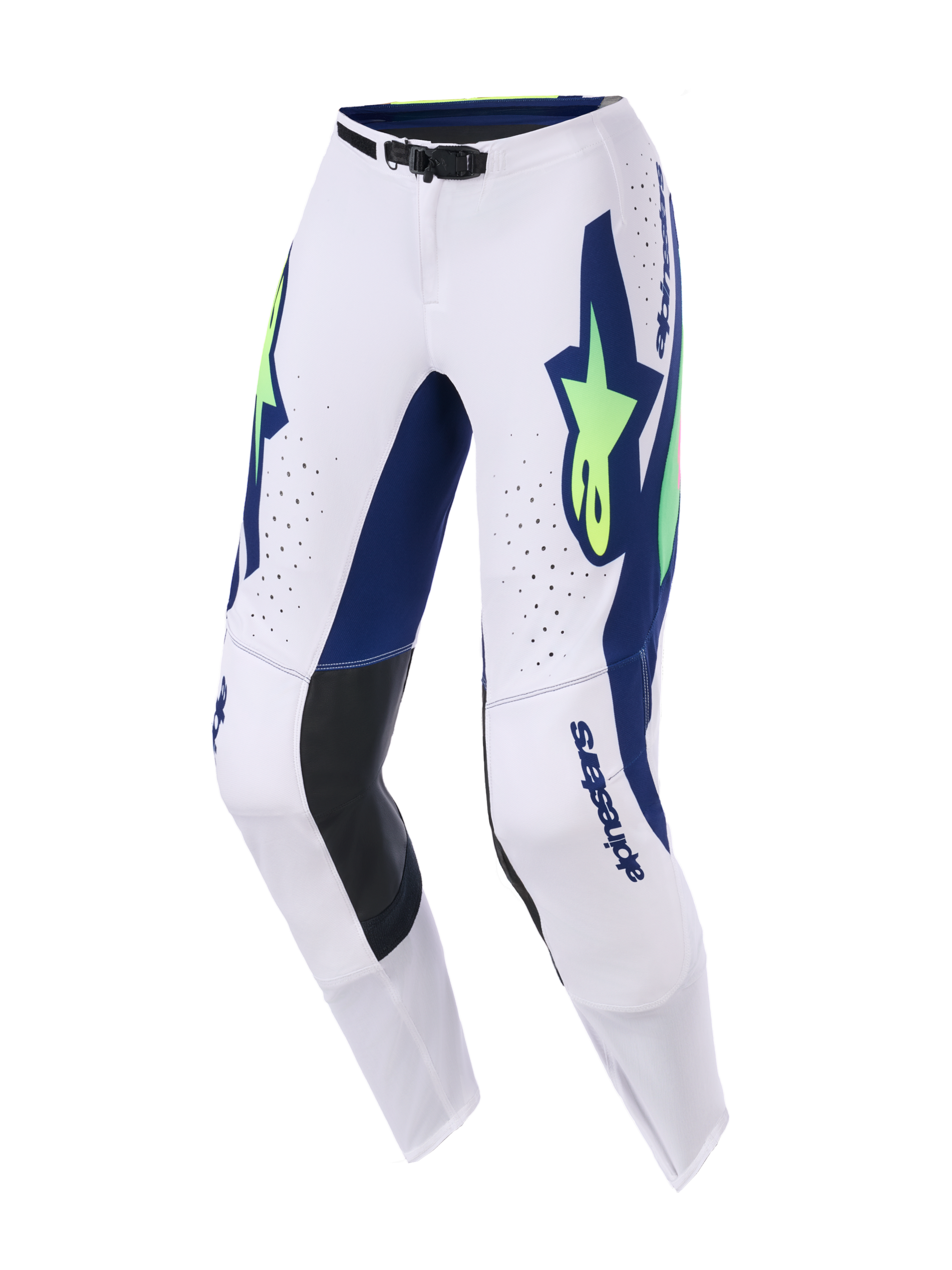 Alpinestars 2026 Supertech Vista Pants, calças de motocross, cinzento claro, amarelo néon e azul, com logótipos azuis e amarelo fluorescente, perfurações a laser para ventilação, painéis de couro preto nos joelhos e fivela magnética na cintura.