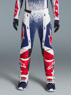 Alpinestars conjunto Techstar Unity edição limitada, calças salpicadas e botas de corrida em vermelho, branco e azul
