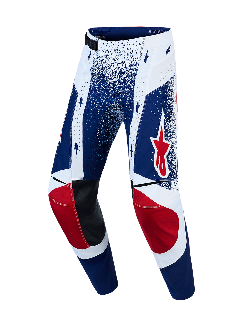 Alpinestars Techstar Unity Calças Limited Edition, calças de motocross para homem, azuis e brancas com estrelas vermelhas e reforços em couro.