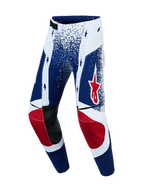 Alpinestars Techstar Unity Calças Limited Edition, calças de motocross para homem, azuis e brancas com estrelas vermelhas e reforços em couro.