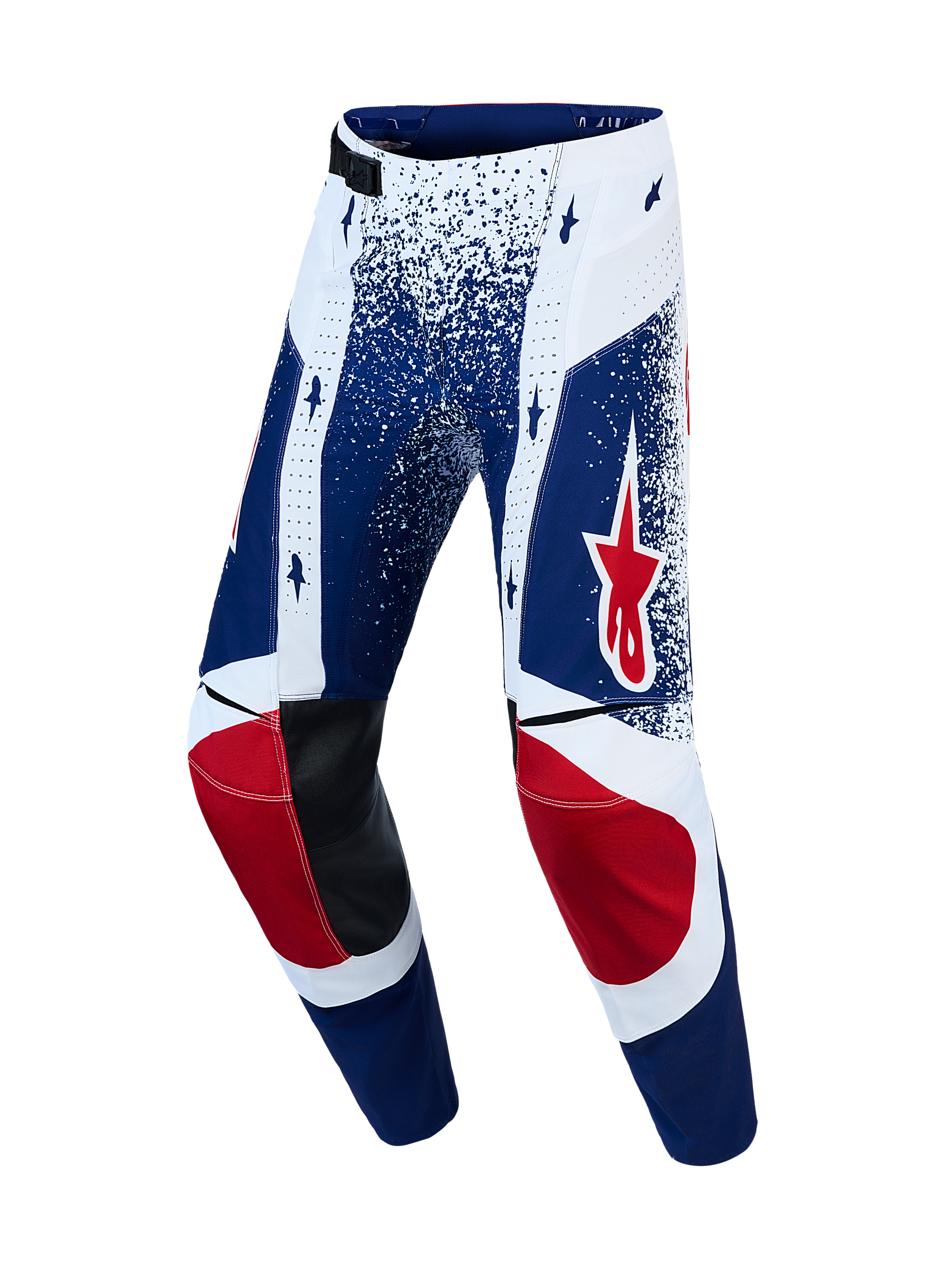 Alpinestars Techstar Unity Calças Limited Edition, calças de motocross para homem, azuis e brancas com estrelas vermelhas e reforços em couro.