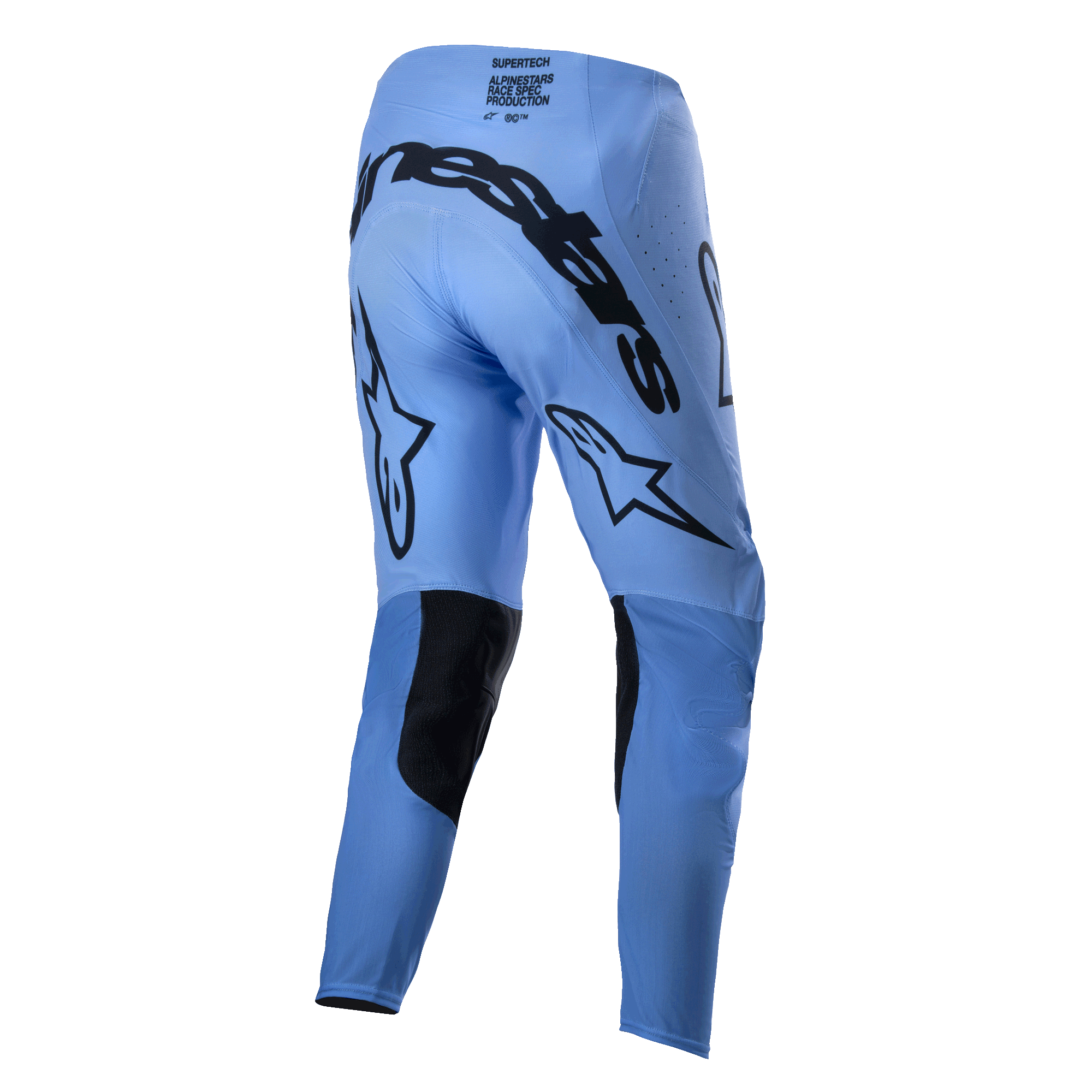 Alpinestars 2024 Supertech Dade Pants, calças de motocross, azul claro, vista traseira com logótipo Alpinestars grande em preto no assento, logótipos de estrela na parte de trás das pernas, painéis internos reforçados nos joelhos em preto e zonas de ventilação perfuradas