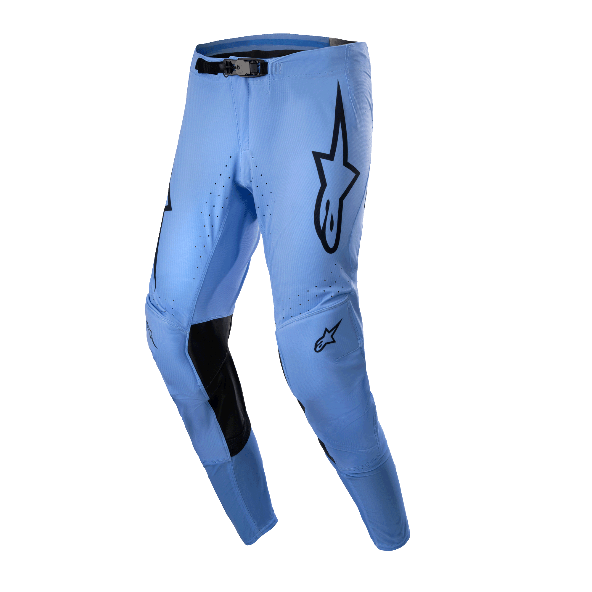 Alpinestars 2024 Supertech Dade Pants, calças de motocross, azul claro, com logótipos de estrela pretos nas coxas, reforços internos nos joelhos pretos, orifícios de ventilação perfurados e design de corte atlético de corrida para performance em todo-o-terreno