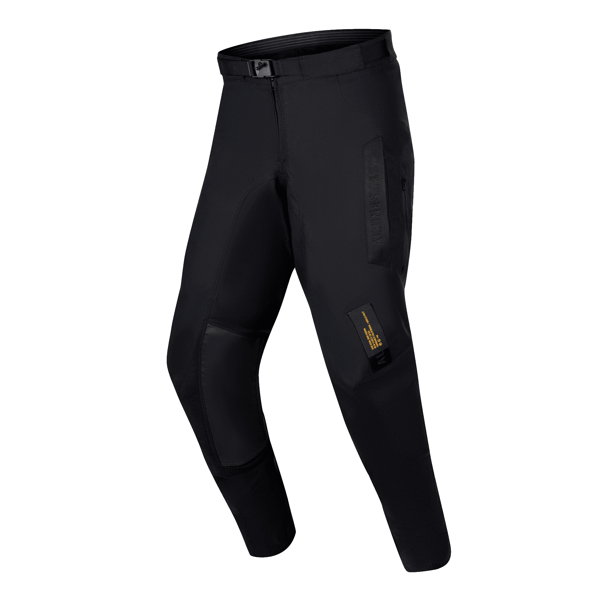Alpinestars 2024 Techdura Pants, Enduro Off-Road Pants, Solid Black, featuring rugged stretch polyamide construction, goat leather inner knee panels, magnetic SX2 buckle belt, and technical branding labels.