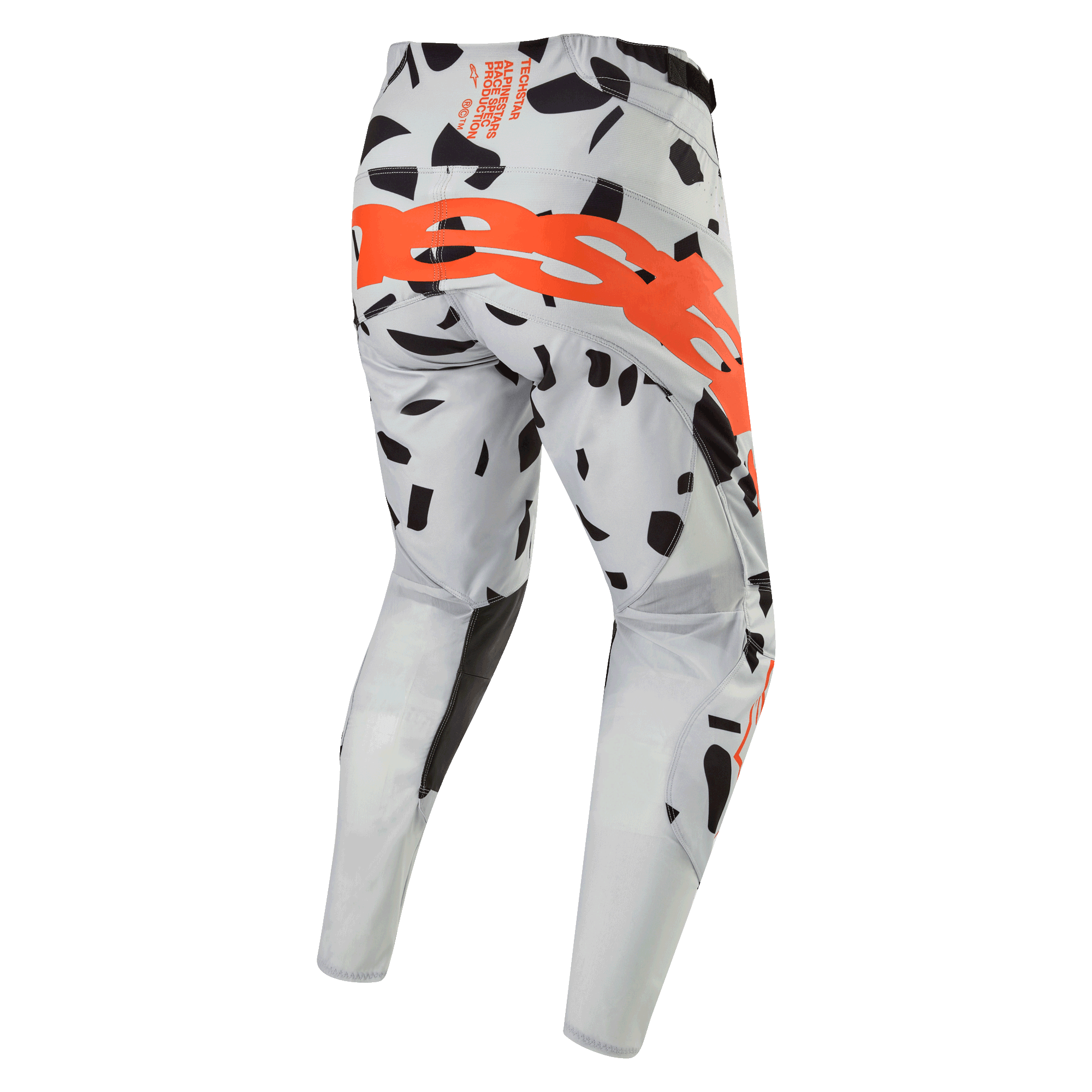 Alpinestars 2024 Techstar Rantera Pants, calças de motocross, Haze Gray Camo, vista traseira com grande logótipo laranja no assento, padrões gráficos pretos em tecido cinzento, design atlético para performance em todo-o-terreno