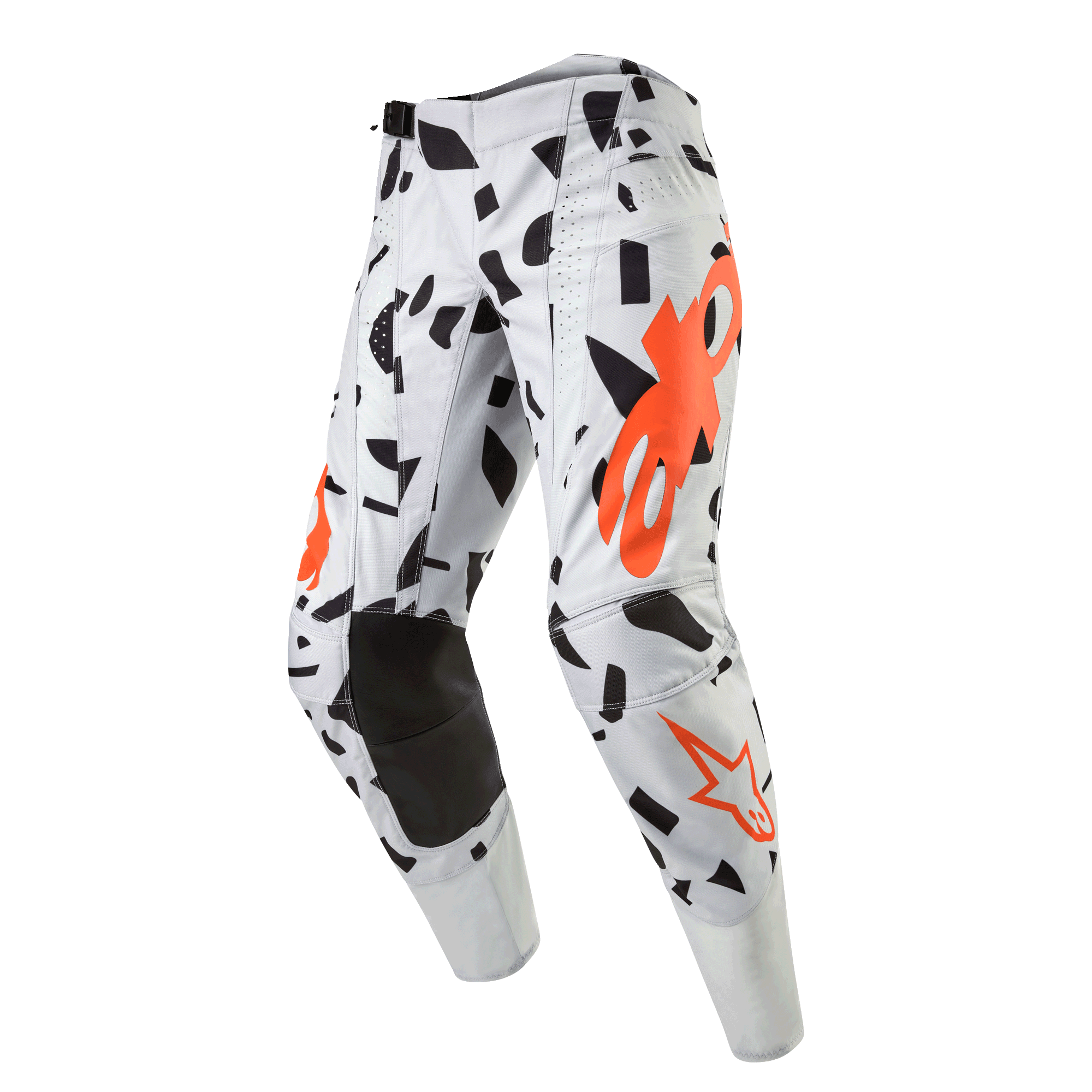 Alpinestars 2024 Techstar Rantera Pants, calças de motocross, Haze Gray Camo, cinzento claro com formas abstratas pretas e logótipos laranja, joelhos pretos reforçados, equipamento profissional de corrida todo-o-terreno