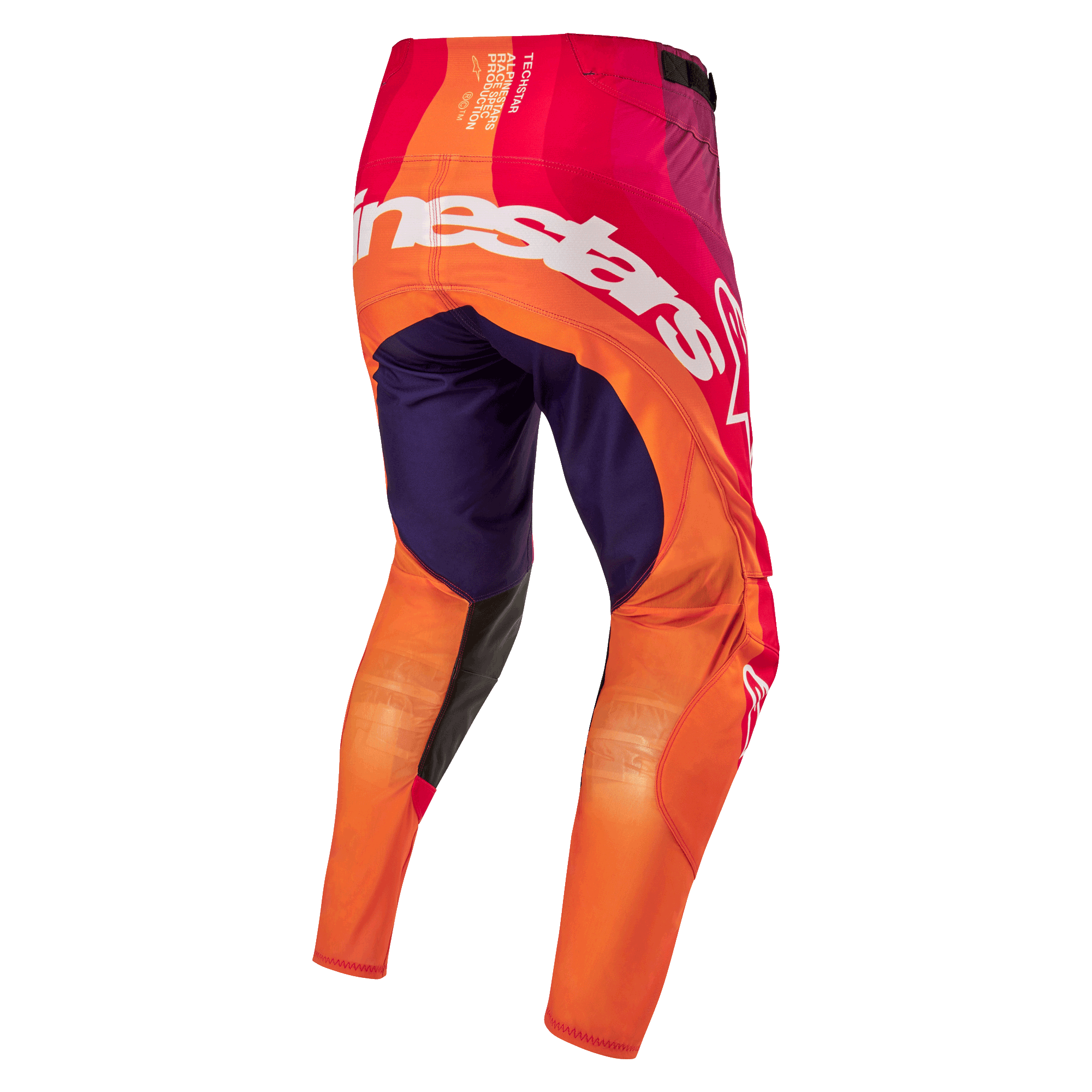 Alpinestars 2024 Techstar Pneuma Pants, calças de motocross em roxo, laranja e azul escuro, vista traseira com logótipo Alpinestars em branco, equipamento técnico de alta performance para todo-o-terreno.