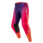 Alpinestars 2024 Techstar Pneuma Pants, calças de motocross em tons de roxo, rosa e laranja com logótipos brancos, painéis de reforço nos joelhos, design desportivo e vibrante para todo-o-terreno