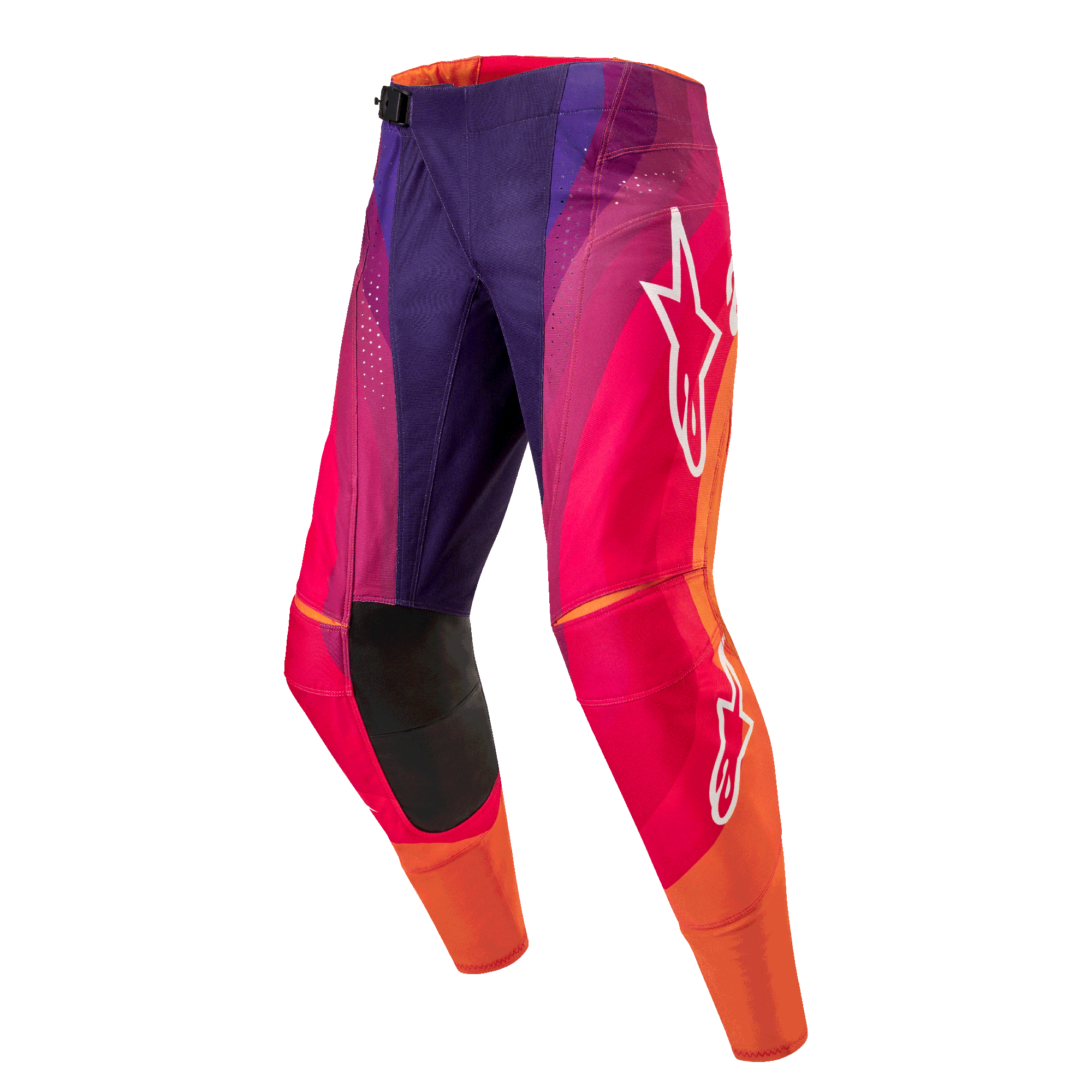 Alpinestars 2024 Techstar Pneuma Pants, calças de motocross em tons de roxo, rosa e laranja com logótipos brancos, painéis de reforço nos joelhos, design desportivo e vibrante para todo-o-terreno