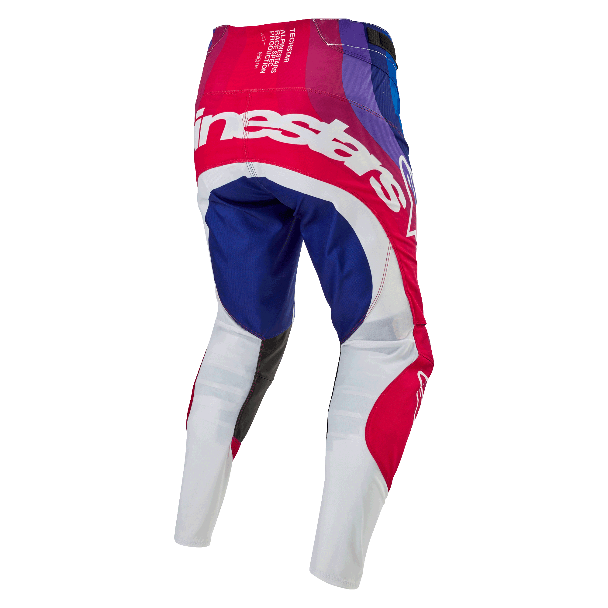 Alpinestars 2024 Techstar Pneuma Pants, calças de motocross, azul, vermelho e branco, vista traseira com grande logótipo Alpinestars branco no assento, painéis azuis e vermelhos com a parte inferior das pernas em branco, design durável para competição de todo-o-terreno