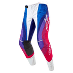 Alpinestars 2024 Techstar Pneuma Pants, calças de motocross, Blu Mars Red White, com um padrão de ondas dinâmicas em tons de azul, roxo e vermelho, logótipos Alpinestars brancos e painéis interiores dos joelhos em preto durável