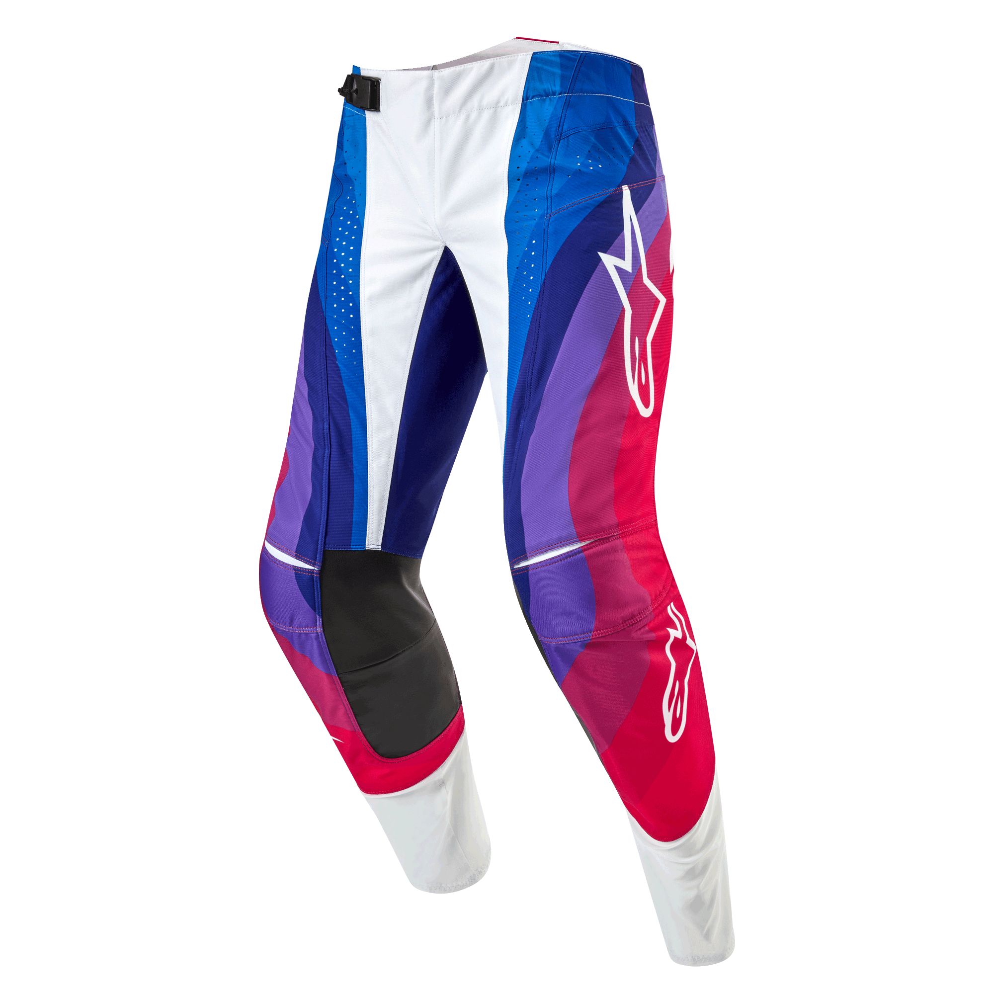 Alpinestars 2024 Techstar Pneuma Pants, calças de motocross, Blu Mars Red White, com um padrão de ondas dinâmicas em tons de azul, roxo e vermelho, logótipos Alpinestars brancos e painéis interiores dos joelhos em preto durável