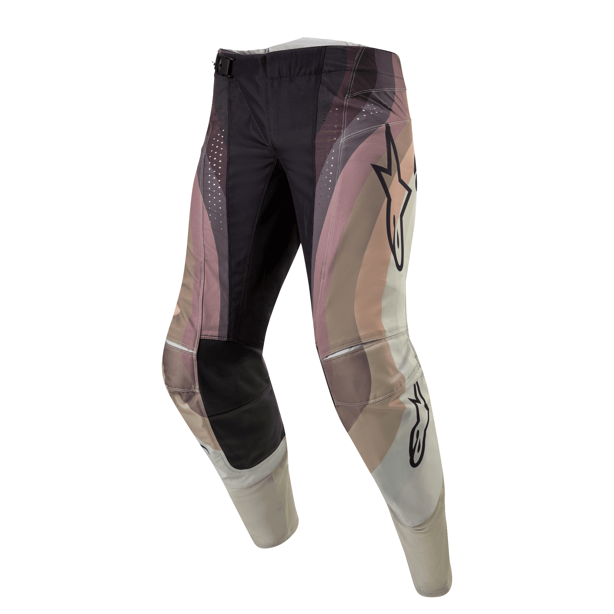 Alpinestars 2024 Techstar Pneuma Pants, calças de motocross, em Dark Sand, Iron Dust e cinzento, com um design de blocos de cor ondulados, logótipos de estrela da Alpinestars, painéis de joelho reforçados pretos e perfurações cortadas a laser, equipamento durável para corridas todo-o-terreno