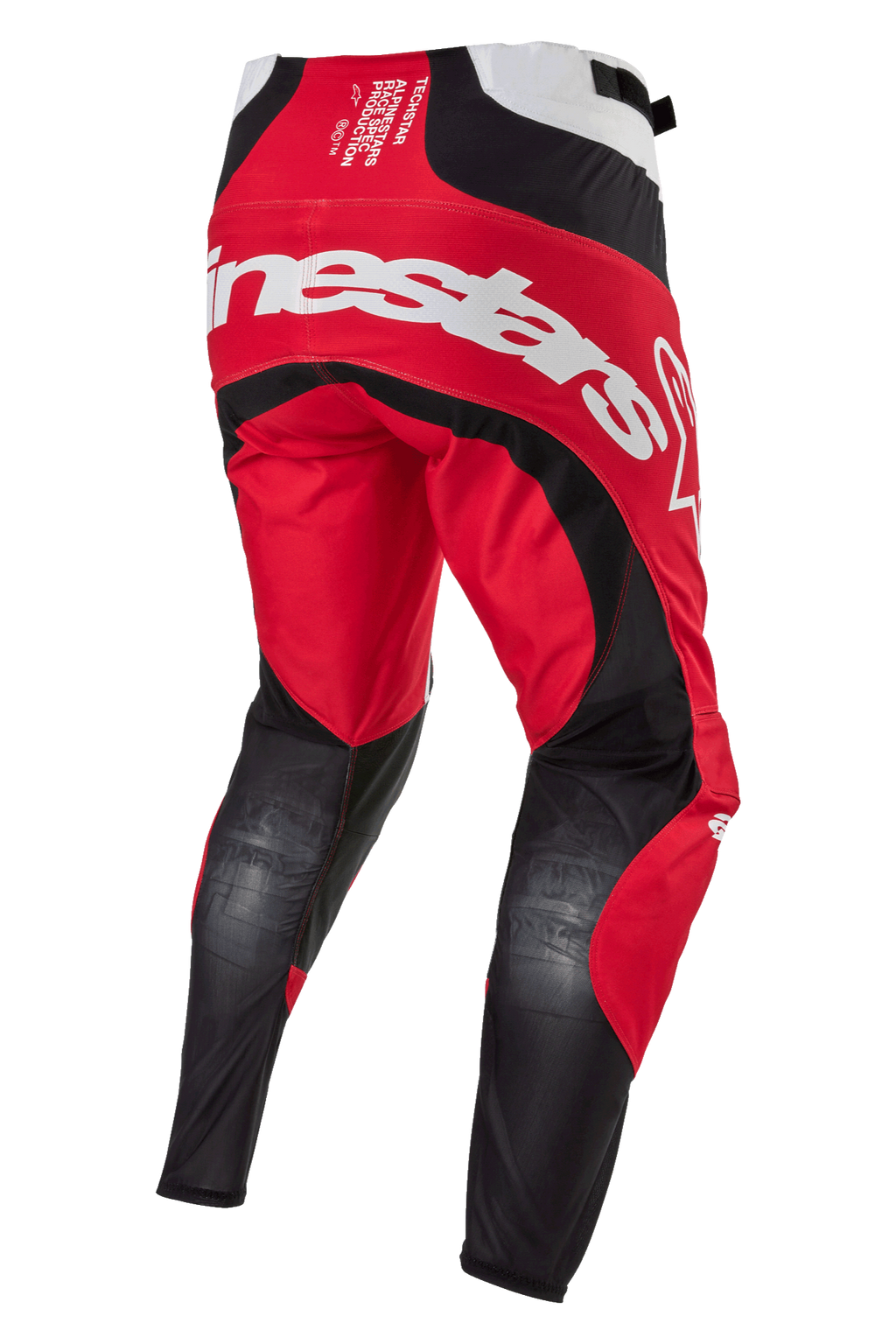 Alpinestars 2024 Techstar Ocuri Pants, calças de motocross, em vermelho marte, branco e preto, vista traseira mostrando a marca Alpinestars em branco no assento, painéis de malha preta respirável na parte de trás das pernas e construção em têxtil vermelho durável para competição todo-o-terreno.