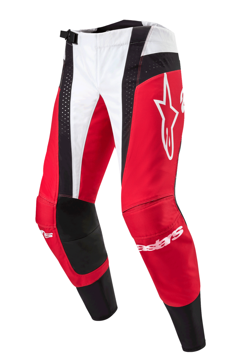 Alpinestars 2024 Techstar Ocuri Pants, calças de motocross, vermelho Marte, branco e preto, com painéis vermelhos e brancos e detalhes pretos perfurados, logótipo Astar branco na coxa, marca Alpinestars nas canelas, design durável para competição off-road