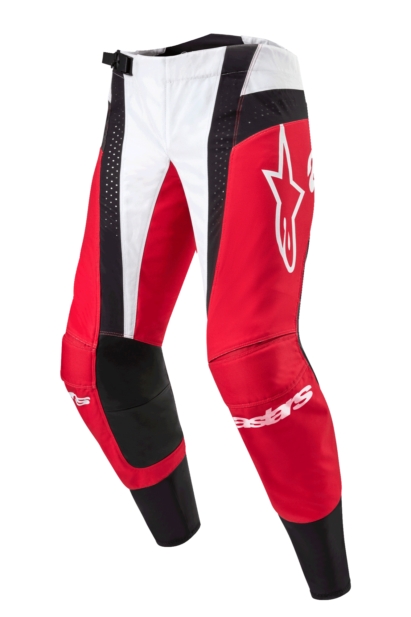 Alpinestars 2024 Techstar Ocuri Pants, calças de motocross, vermelho Marte, branco e preto, com painéis vermelhos e brancos e detalhes pretos perfurados, logótipo Astar branco na coxa, marca Alpinestars nas canelas, design durável para competição off-road