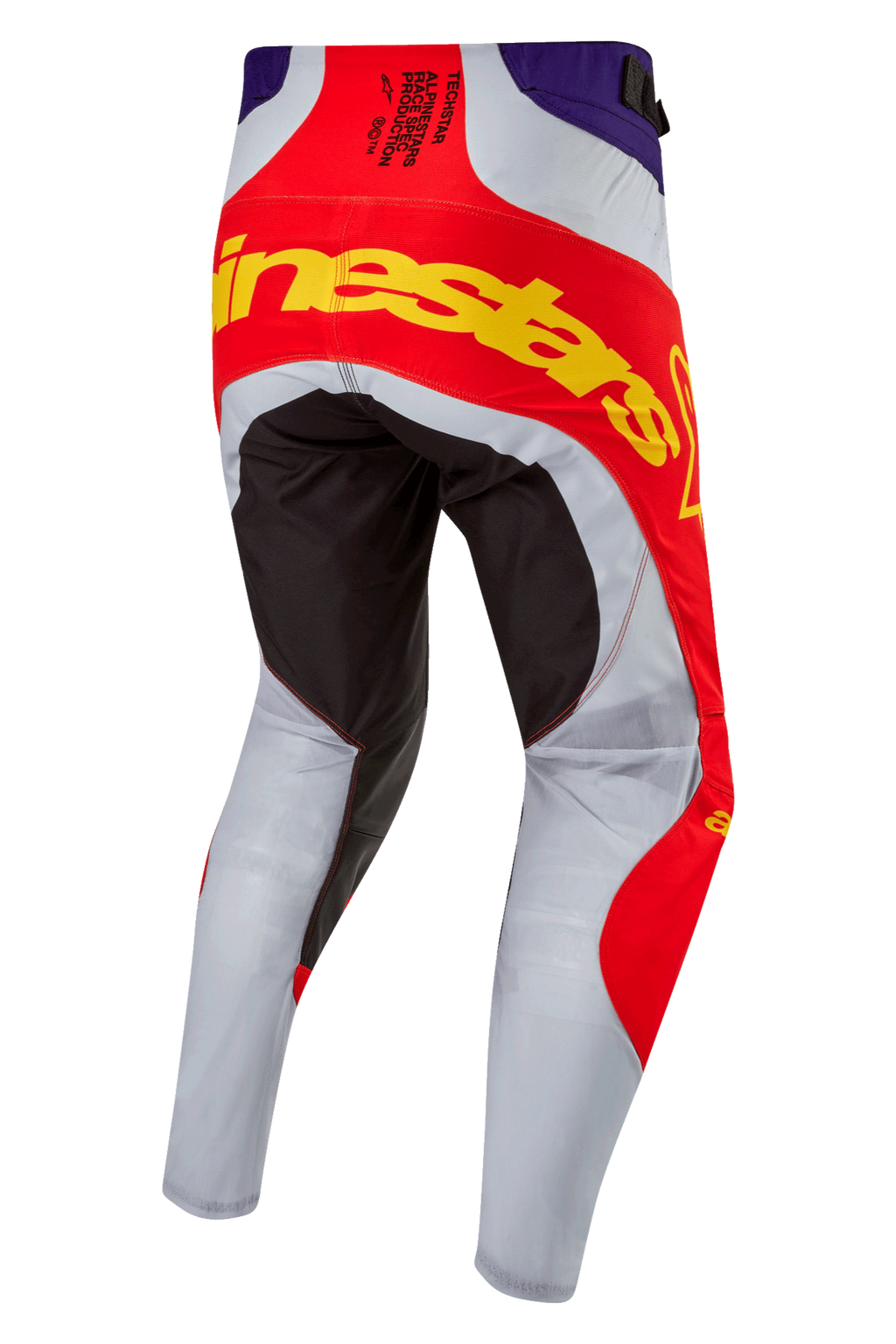 Alpinestars 2024 Techstar Ocuri Pants, calças de motocross, laranja vibrante, roxo e preto, vista traseira com logótipo amarelo arrojado na zona do assento, painéis reforçados pretos e pernas ventiladas em cinzento claro