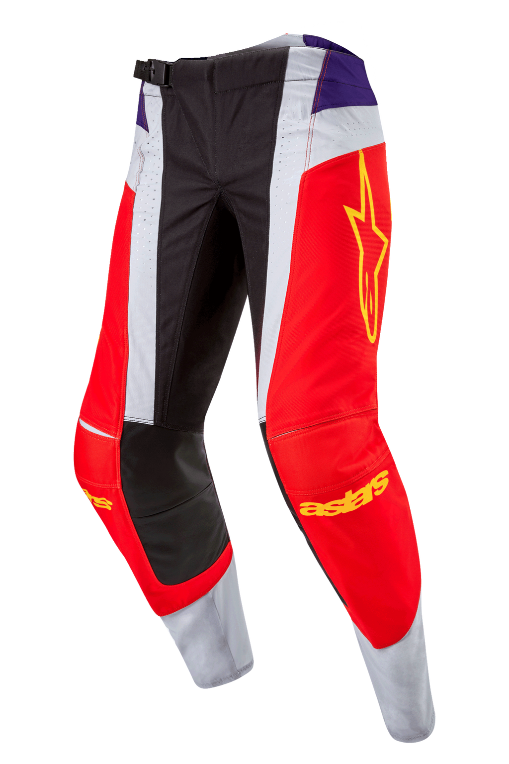 Alpinestars 2024 Techstar Ocuri Pants, calças de motocross, laranja vibrante, roxo e preto, com painéis vermelhos e brancos, detalhes roxos na anca, logótipo de estrela amarelo na coxa, joelhos reforçados pretos, design atlético para corridas todo-o-terreno