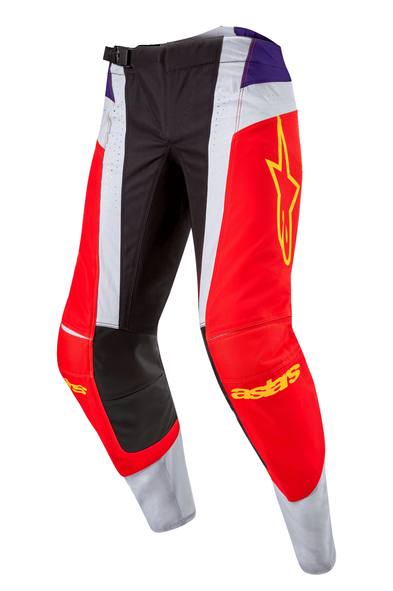 Alpinestars 2024 Techstar Ocuri Pants, calças de motocross, laranja vibrante, roxo e preto, com painéis vermelhos e brancos, detalhes roxos na anca, logótipo de estrela amarelo na coxa, joelhos reforçados pretos, design atlético para corridas todo-o-terreno
