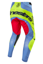 Alpinestars 2024 Techstar Ocuri Pants, Motocross Pants, Light Blue, Yellow Fluo, and Red Berry, rear view showing bold Alpinestars branding across the seat, technical multi-paneled design for off-road racing