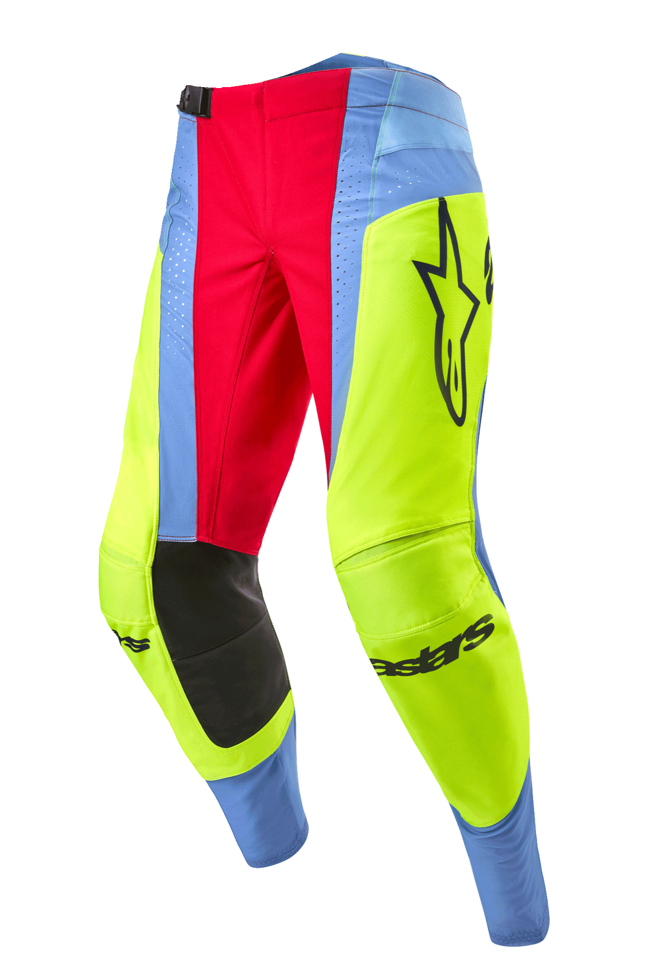 Alpinestars 2024 Techstar Ocuri Pants, Motocross Pants, Light Blue, Yellow Fluo, and Red Berry, featuring black inner knee panels, bold Alpinestars logo, and vibrant multi-colored panels for off-road racing.