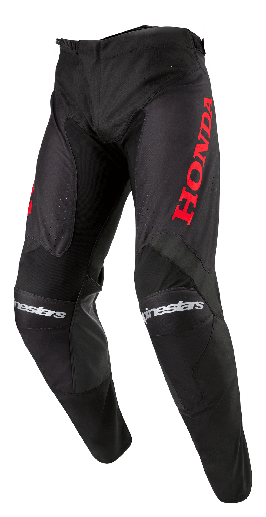 Alpinestars Honda Racer Iconic Pants, Motocross Pants, Black with Red branding, featuring a large red Honda logo on the thigh and white Alpinestars text on the knees, sport-cut design for off-road performance