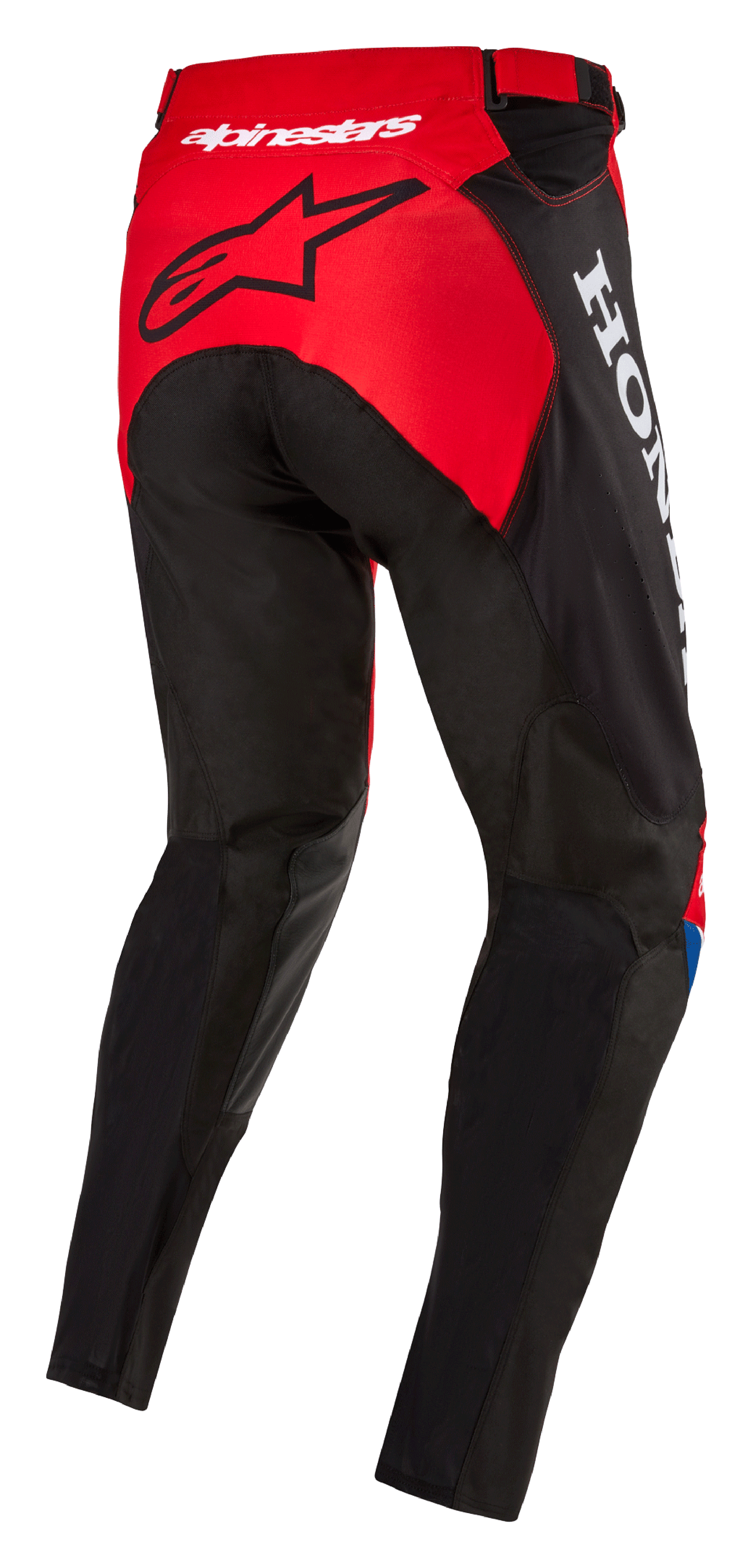 Calças Alpinestars Honda Racer Iconic, calças de motocross, vermelho vivo, preto e branco, vista traseira de três quartos mostrando o painel do assento vermelho com logótipo de estrela preto, marca Honda em branco na lateral e construção têxtil durável com corte desportivo para corridas de todo-o-terreno