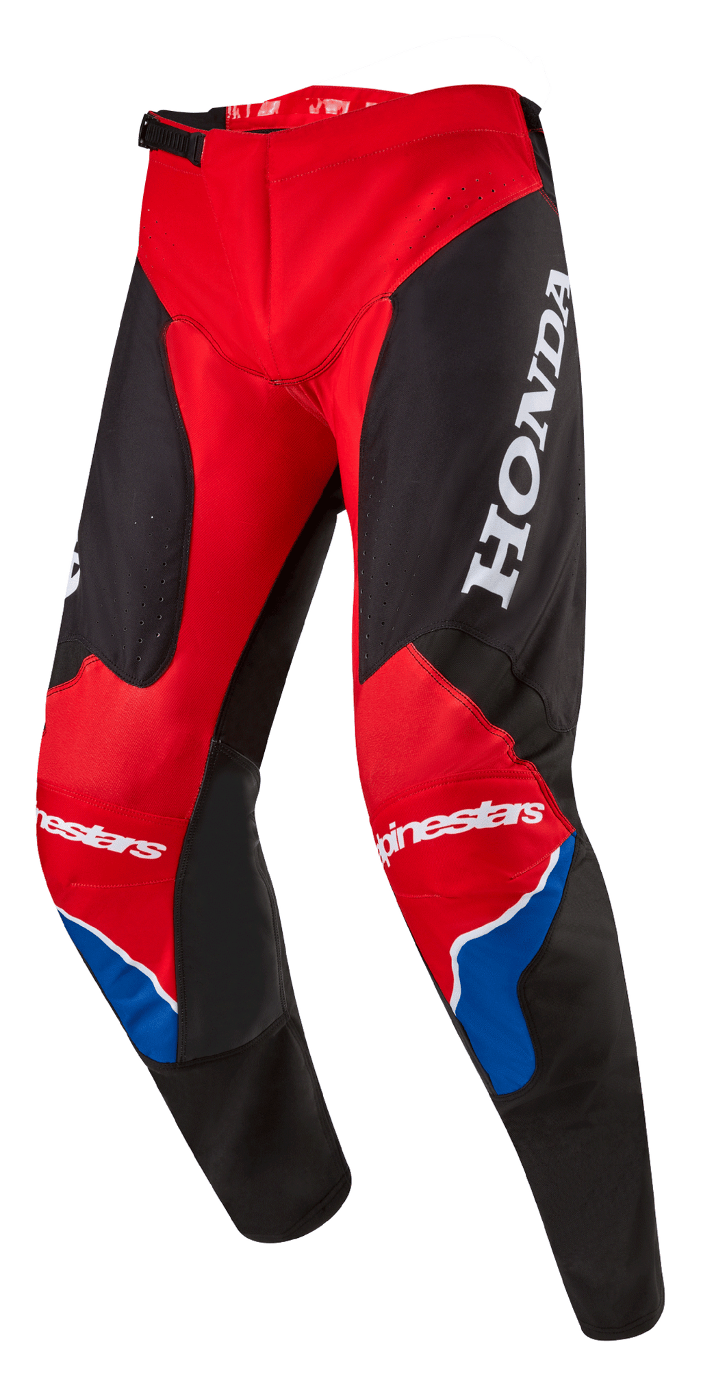 Alpinestars Honda Racer Iconic Pants, calças de motocross, vermelho vivo, preto e branco com detalhes azuis, com um logótipo HONDA grande em branco na coxa, marca Alpinestars nos joelhos, construção de perna ergonómica pré-curvada e fecho de cintura ajustável com catraca