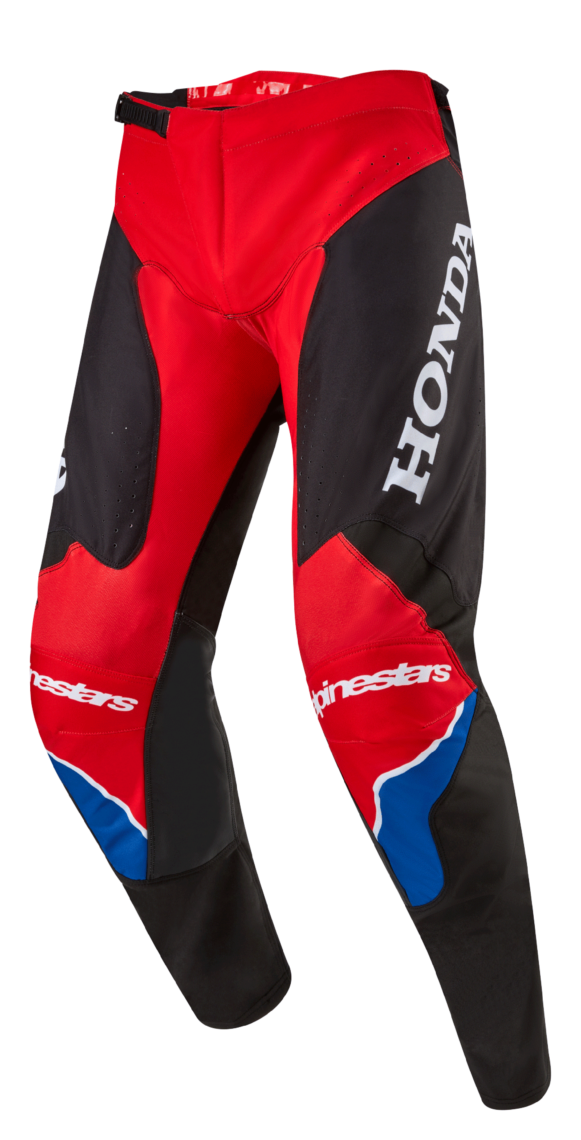 Alpinestars Honda Racer Iconic Pants, calças de motocross, vermelho vivo, preto e branco com detalhes azuis, com um logótipo HONDA grande em branco na coxa, marca Alpinestars nos joelhos, construção de perna ergonómica pré-curvada e fecho de cintura ajustável com catraca