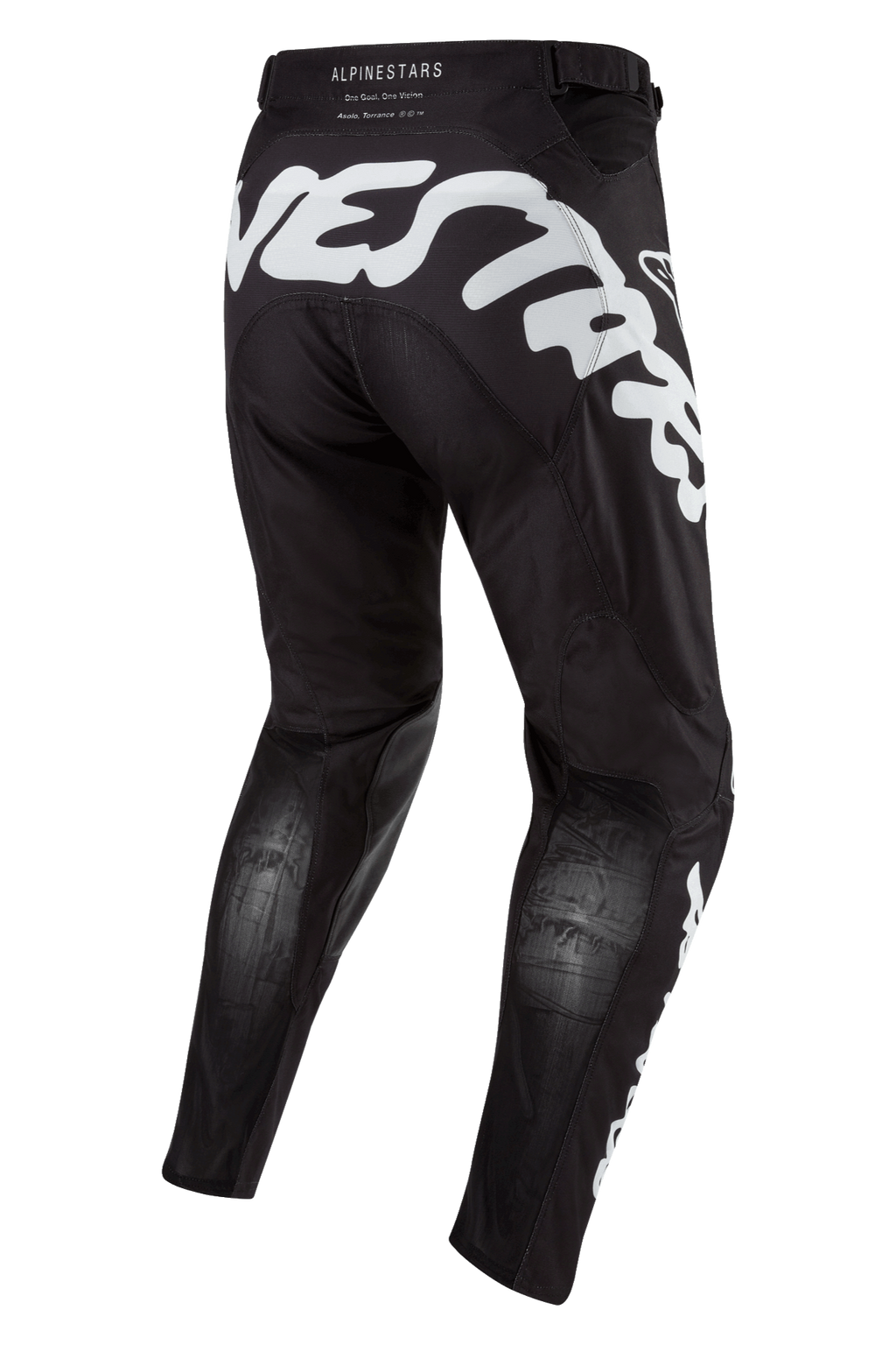 Alpinestars 2024 Racer Hana Pants, calças de motocross pretas com detalhes em branco, grande marca Alpinestars na parte traseira, painéis de malha Stretchnet respiráveis na zona posterior das pernas, equipamento técnico para pilotagem off-road