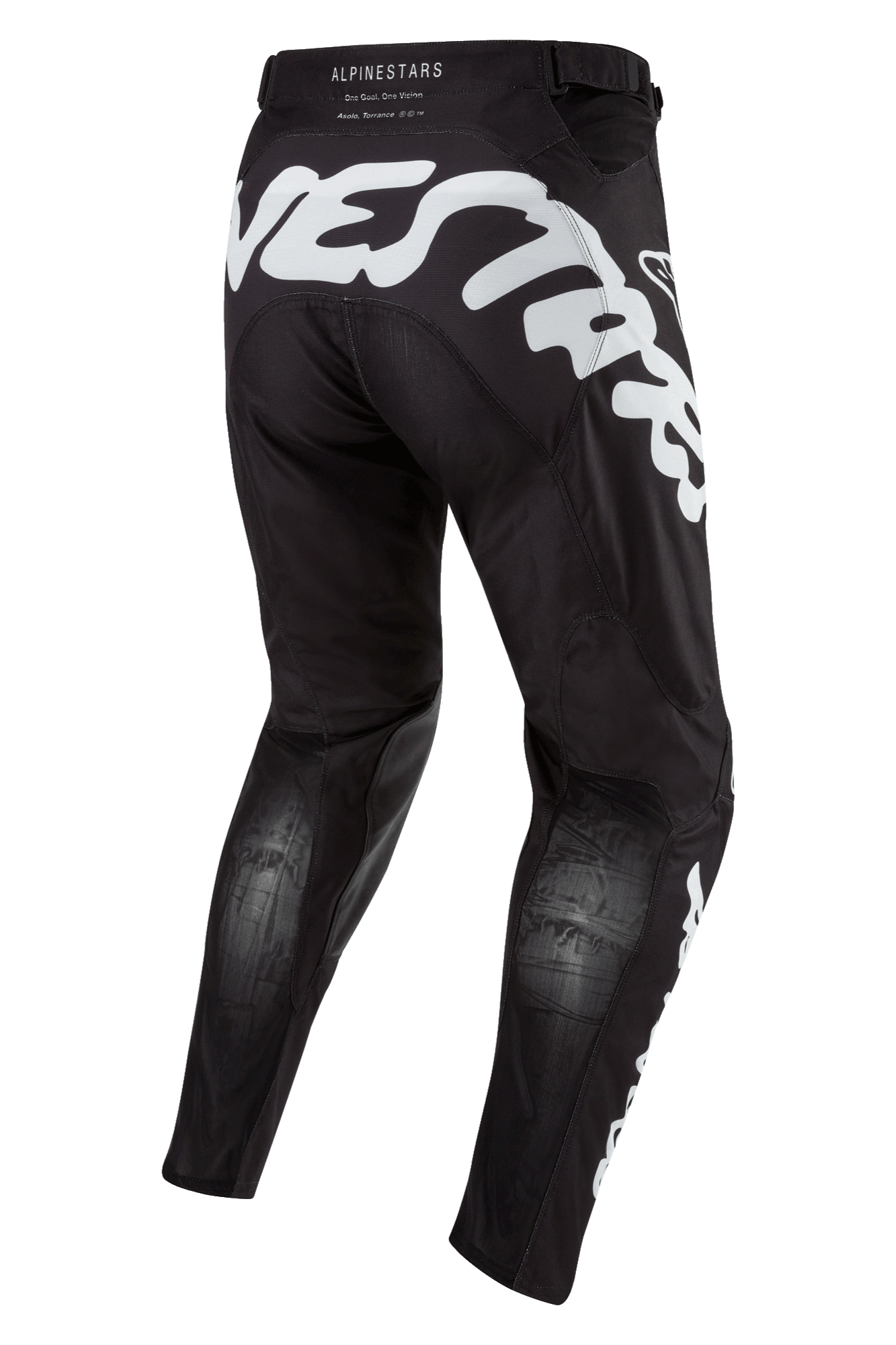 Alpinestars 2024 Racer Hana Pants, calças de motocross pretas com detalhes em branco, grande marca Alpinestars na parte traseira, painéis de malha Stretchnet respiráveis na zona posterior das pernas, equipamento técnico para pilotagem off-road