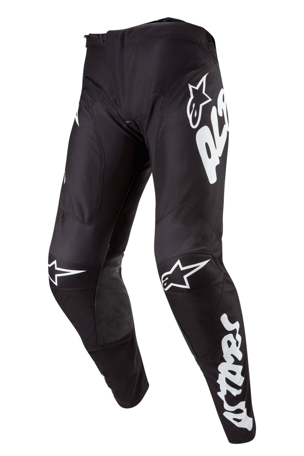 Alpinestars 2024 Racer Hana Pants, calças de motocross pretas com logótipos e detalhes em branco, design ergonómico pré-curvado, equipamento técnico para pilotagem off-road