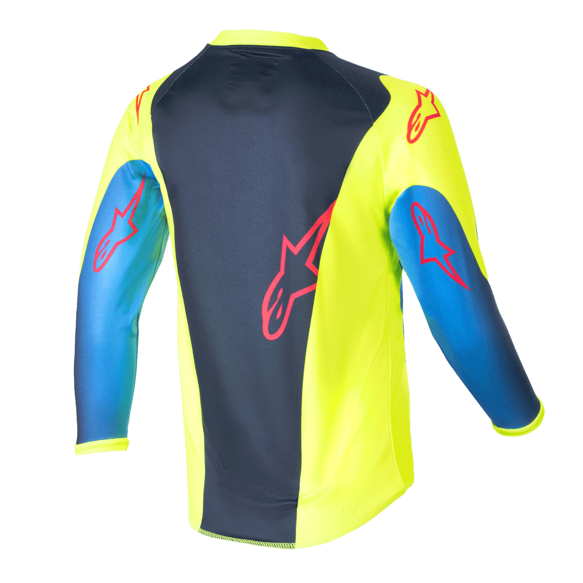 Alpinestars Camisola Racer Graphic 1 Criança 2024, camisola de motocross, amarelo fluorescente e azul night navy, vista traseira com logótipos de estrela vermelhos, design vibrante com painel central azul marinho e laterais amarelas, poli-tecido leve para condução todo-o-terreno