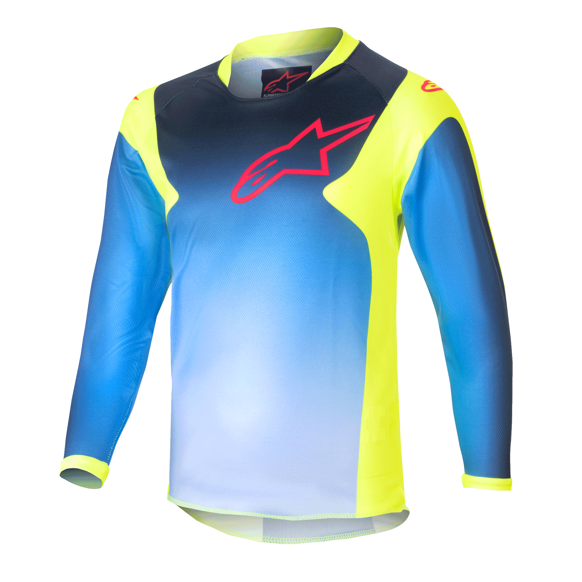 Alpinestars Kids 2024 Racer Graphic 1 Jersey, camisola de motocross de manga comprida para jovens, azul e amarelo néon, com design em degradê azul e logótipo vermelho no peito, painéis laterais e gola em amarelo néon, tecido de performance leve