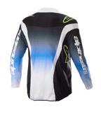 Alpinestars Camisola Racer Push Criança 2023, camisola de motocross, Nightlife UCLA Azul, Branco e Preto, vista traseira exibindo um centro com gradiente de azul para branco, logótipos verde lima e detalhes laterais brancos, vestuário de condução todo-o-terreno de manga comprida
