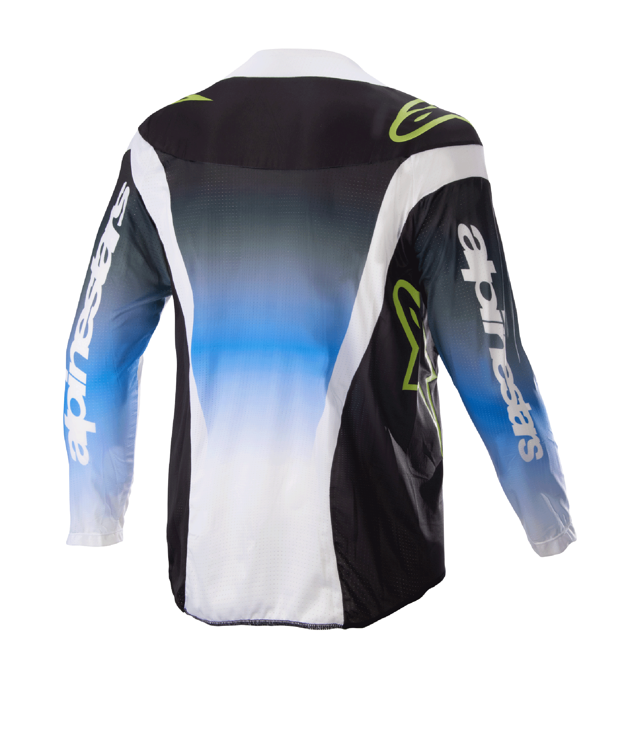 Alpinestars Camisola Racer Push Criança 2023, camisola de motocross, Nightlife UCLA Azul, Branco e Preto, vista traseira exibindo um centro com gradiente de azul para branco, logótipos verde lima e detalhes laterais brancos, vestuário de condução todo-o-terreno de manga comprida
