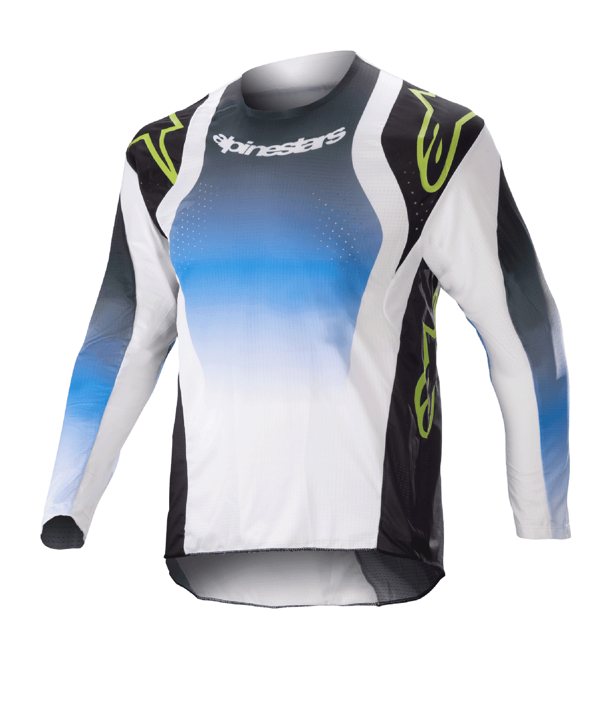 Alpinestars Kids 2023 Racer Push Jersey, camisola de motocross de manga comprida para criança, azul, branco e preto com detalhes em verde néon, design em gradiente com logótipo Alpinestars no peito, tecido leve e respirável para performance em todo-o-terreno